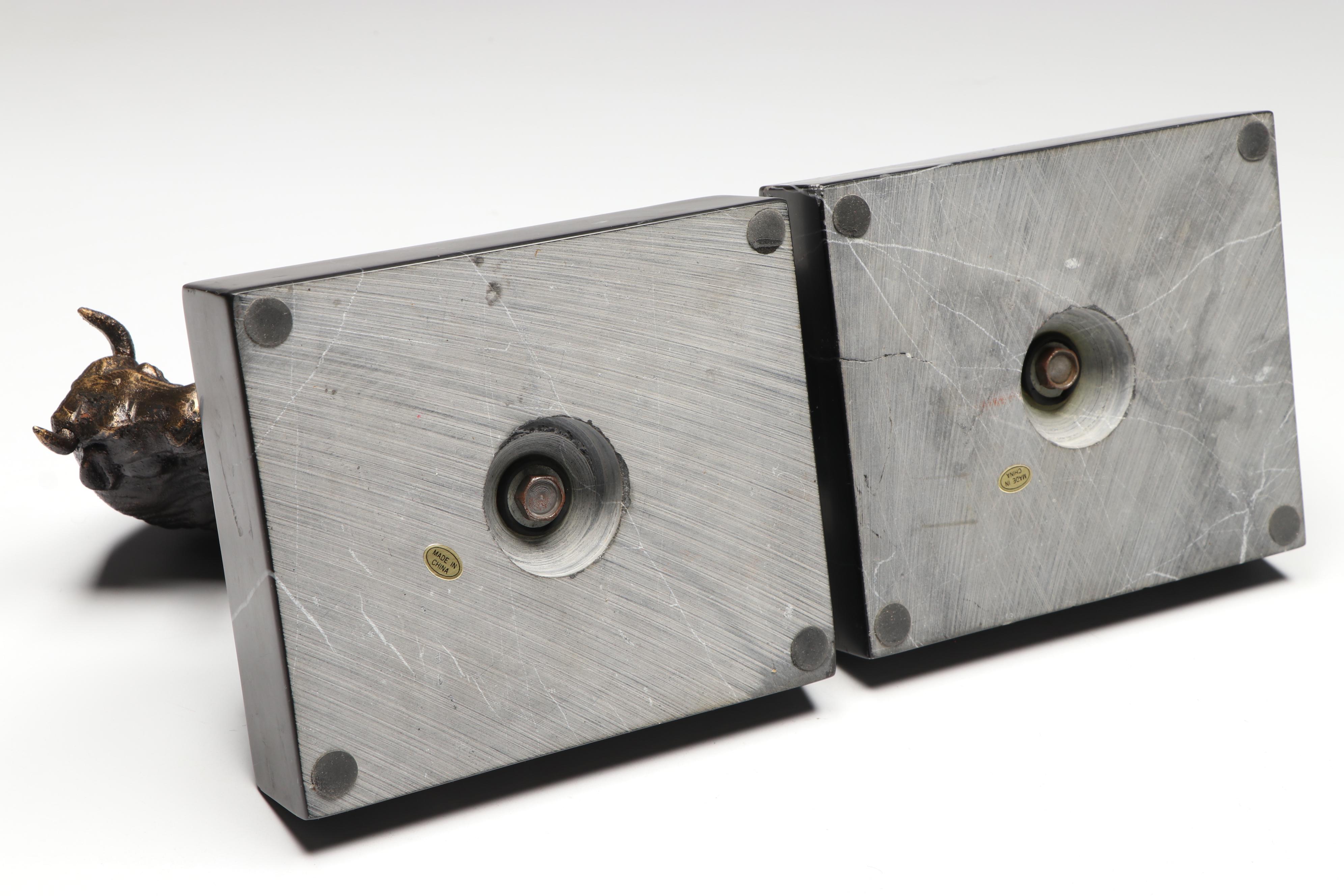 Stock Market Bronzed Metal Bear and Bull on Marble Bookends