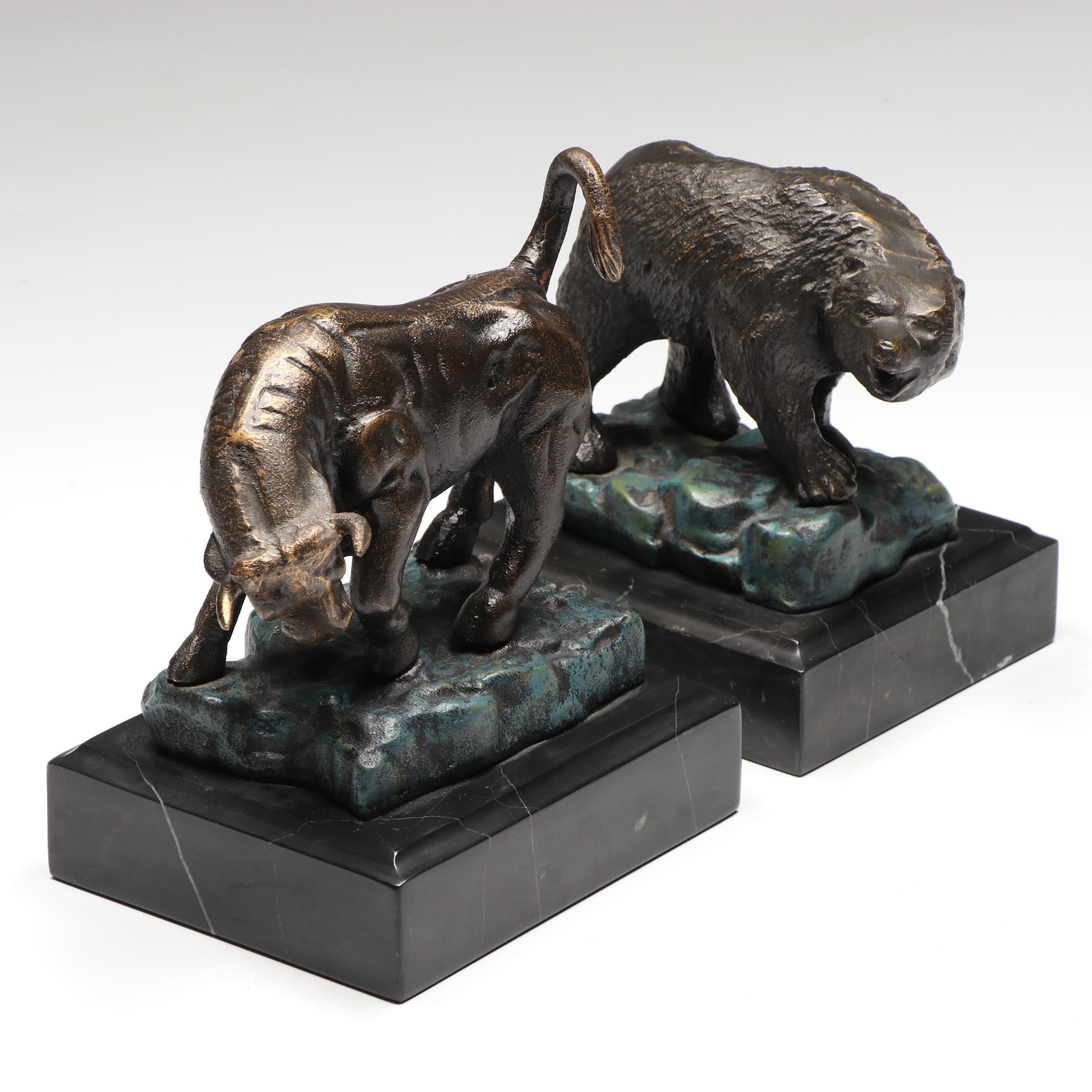Stock Market Bronzed Metal Bear and Bull on Marble Bookends