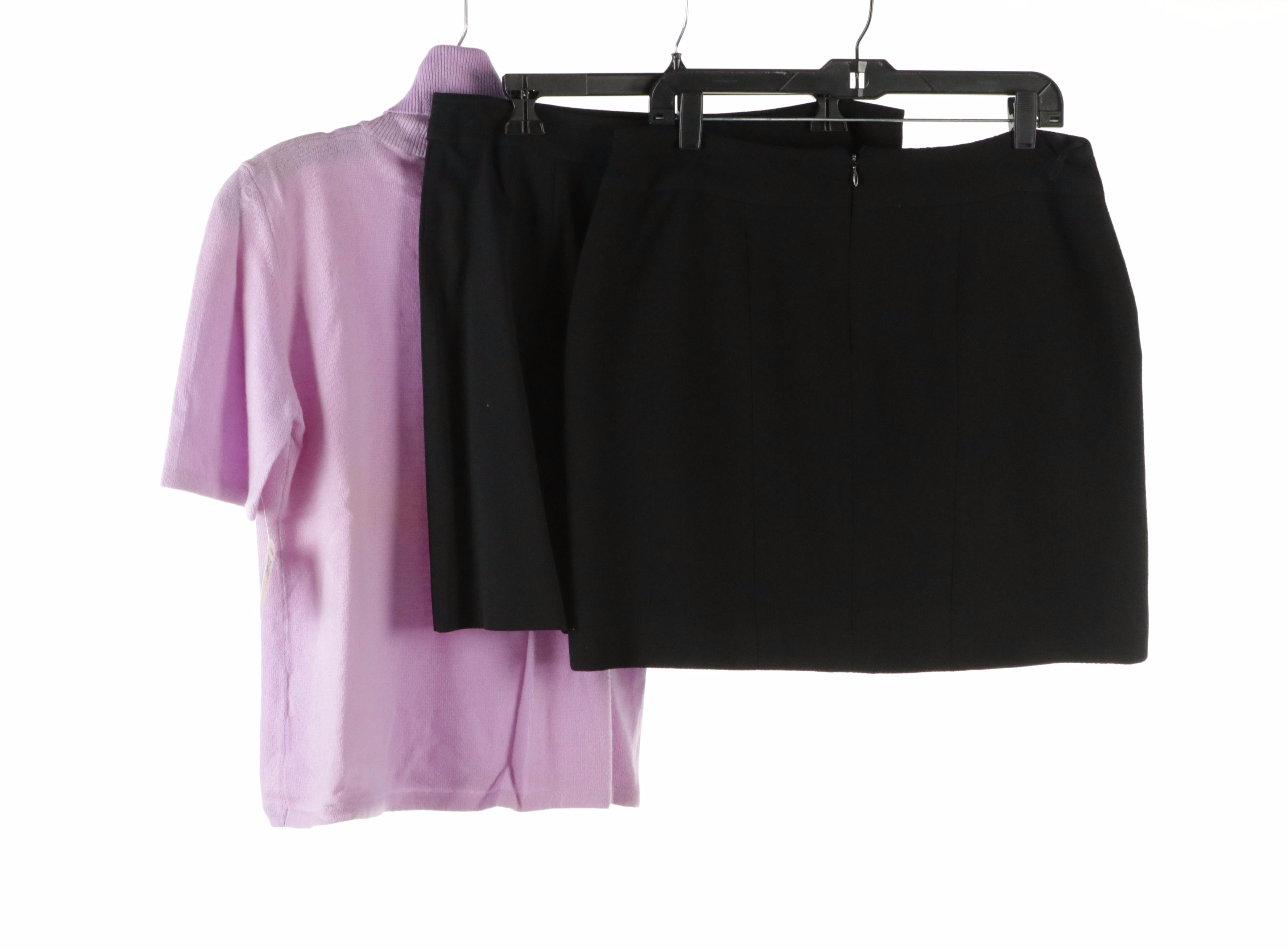Chanel Black Wool Skirts W/ Louis Feraud Purple Cashmere Short Sleeve Turtleneck