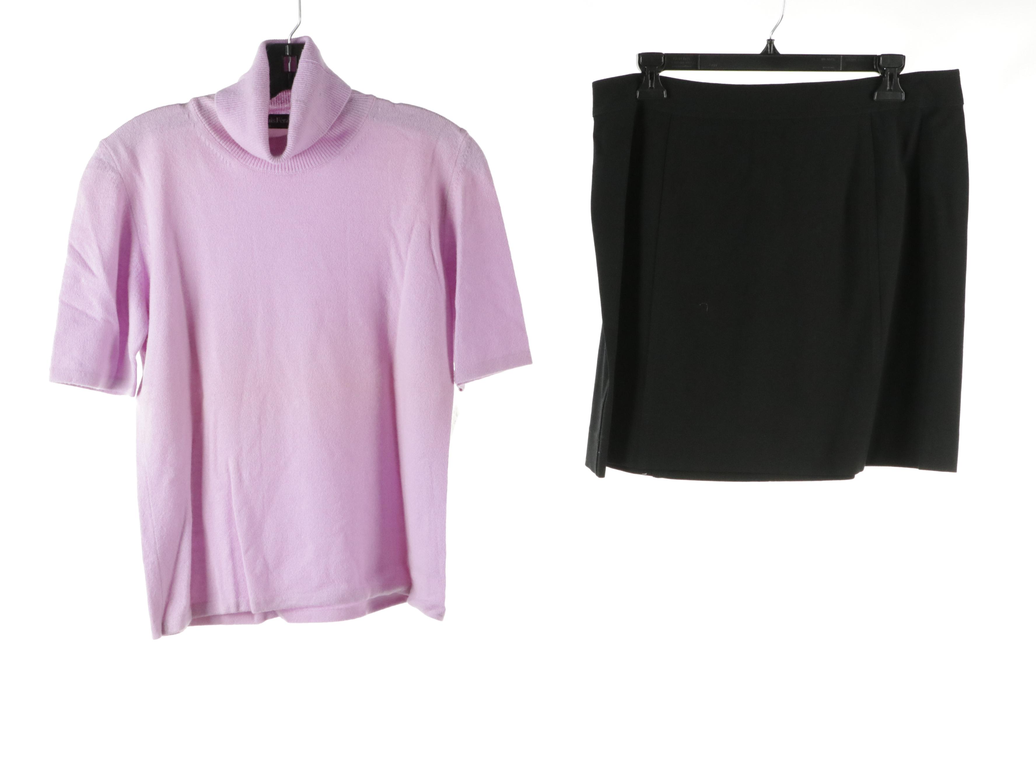 Chanel Black Wool Skirts W/ Louis Feraud Purple Cashmere Short Sleeve Turtleneck