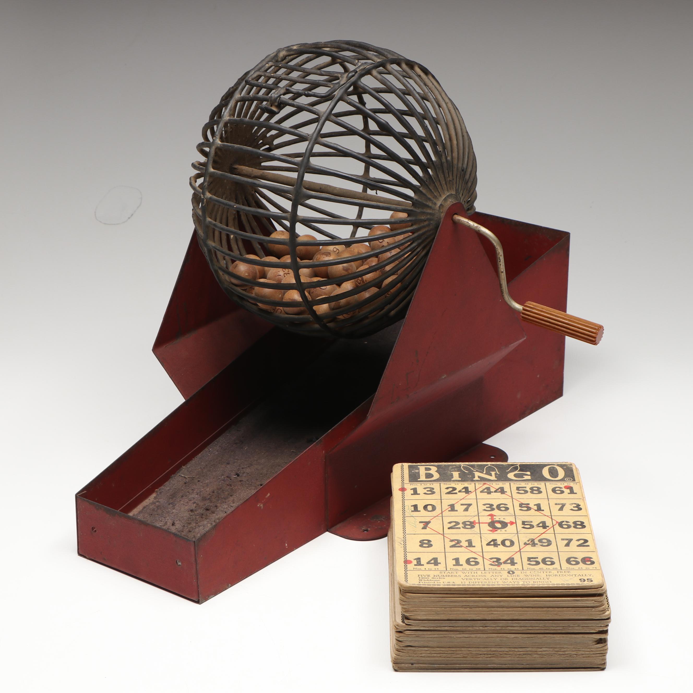 Bingo Cage with "Oak Leaf," "Eagle," and Other Cards, Mid to Late 20th Century