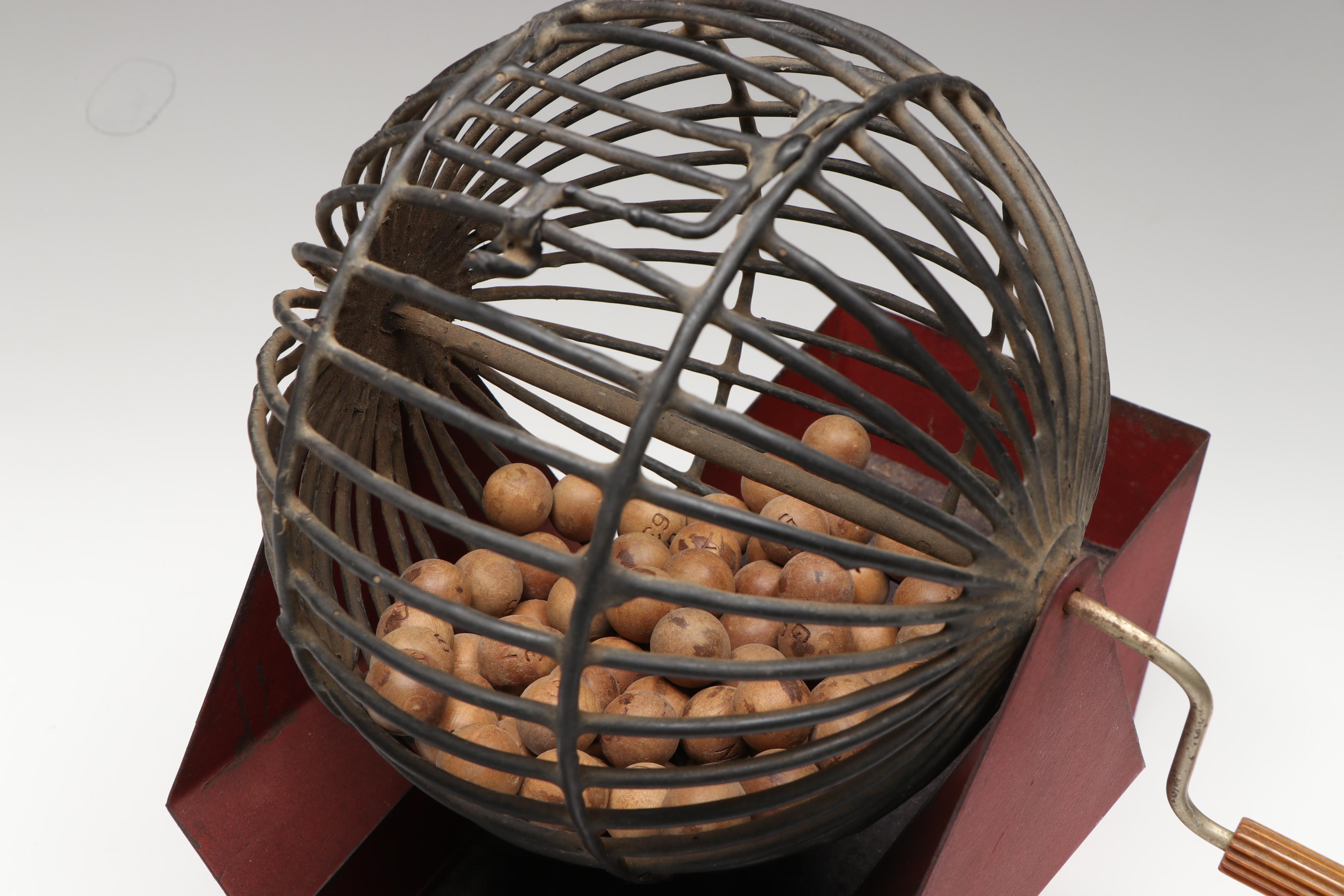 Bingo Cage with "Oak Leaf," "Eagle," and Other Cards, Mid to Late 20th Century