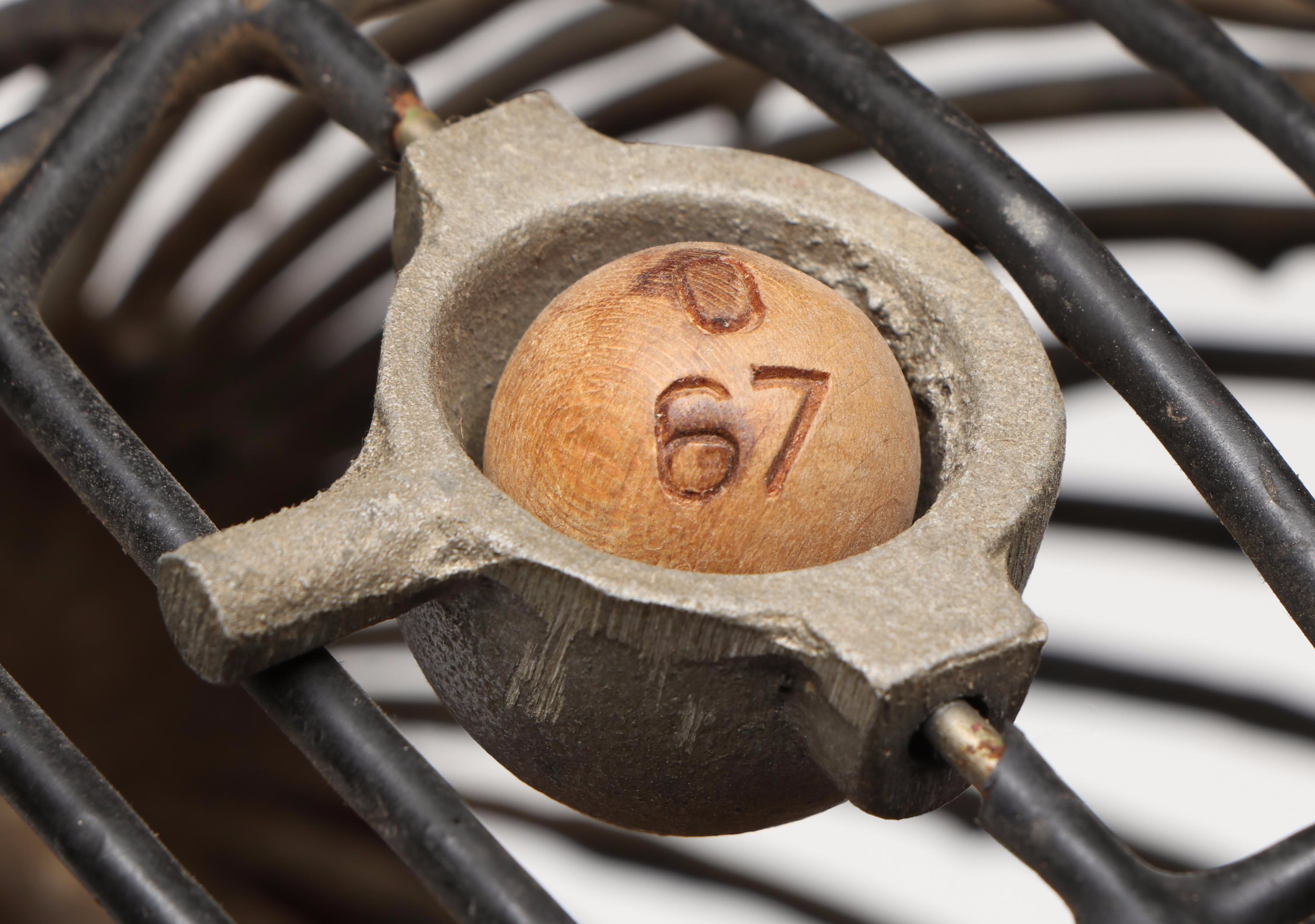 Bingo Cage with "Oak Leaf," "Eagle," and Other Cards, Mid to Late 20th Century