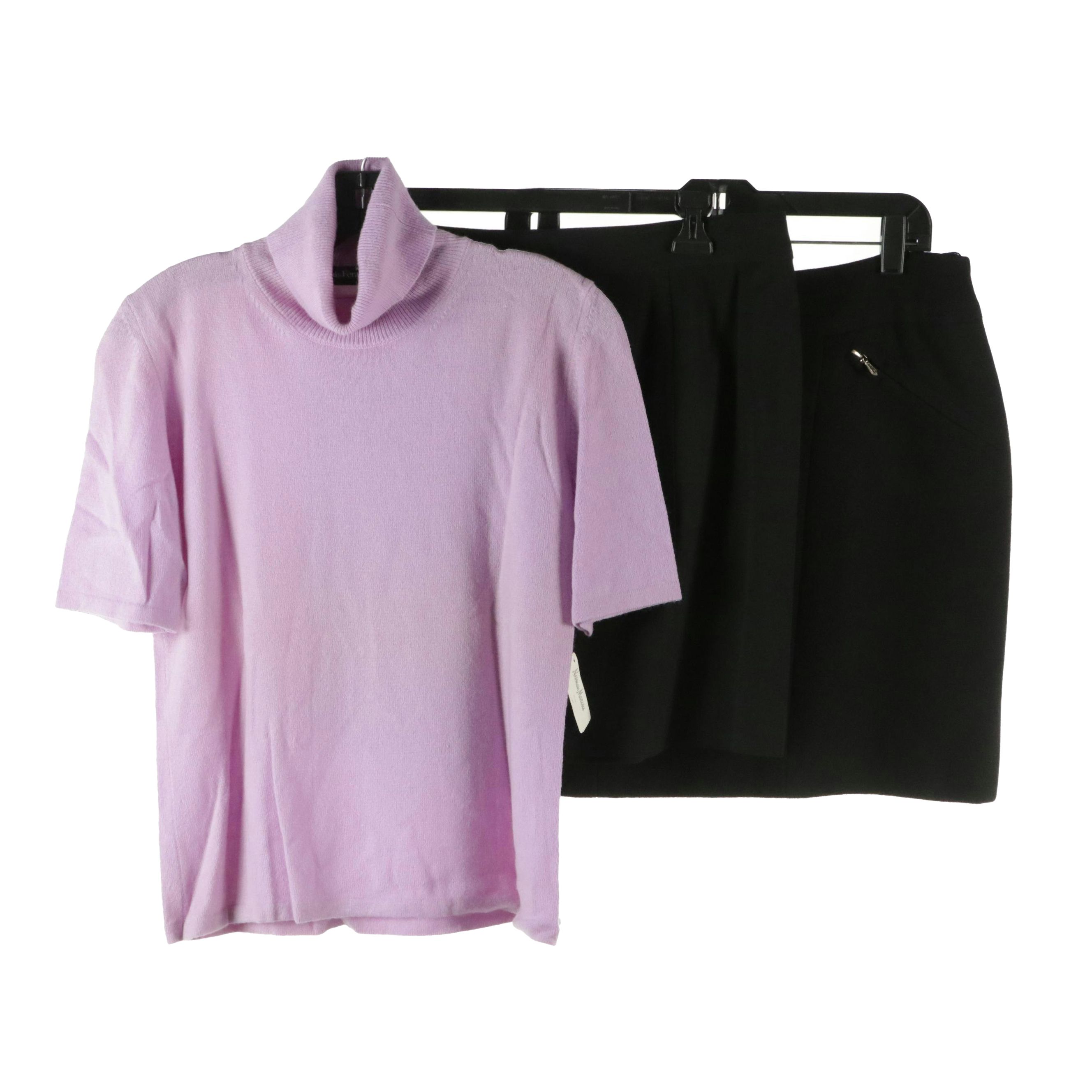 Chanel Black Wool Skirts W/ Louis Feraud Purple Cashmere Short Sleeve Turtleneck