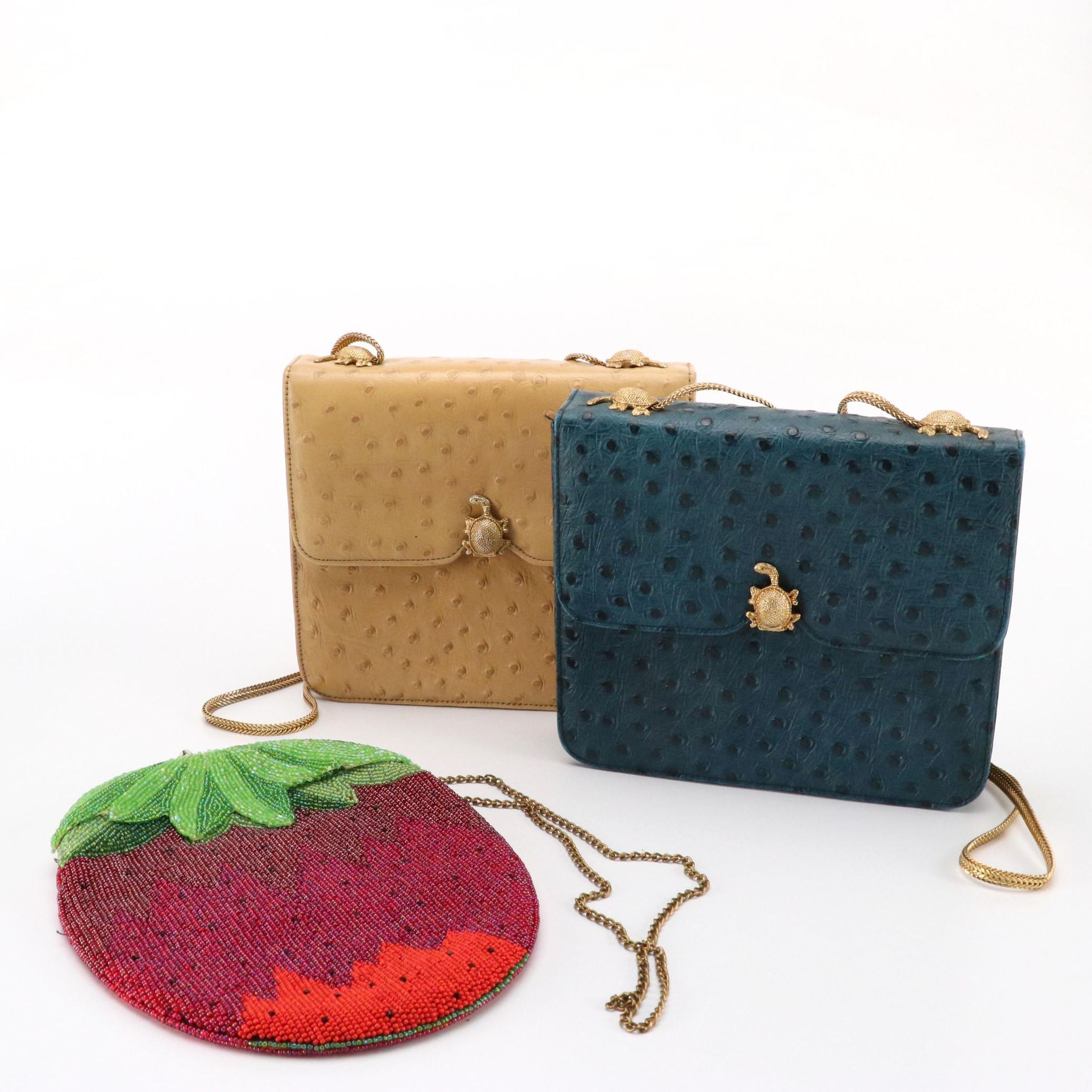 Delill Hand Beaded Strawberry Crossbody with Lou-Ran Embossed Leather Bags