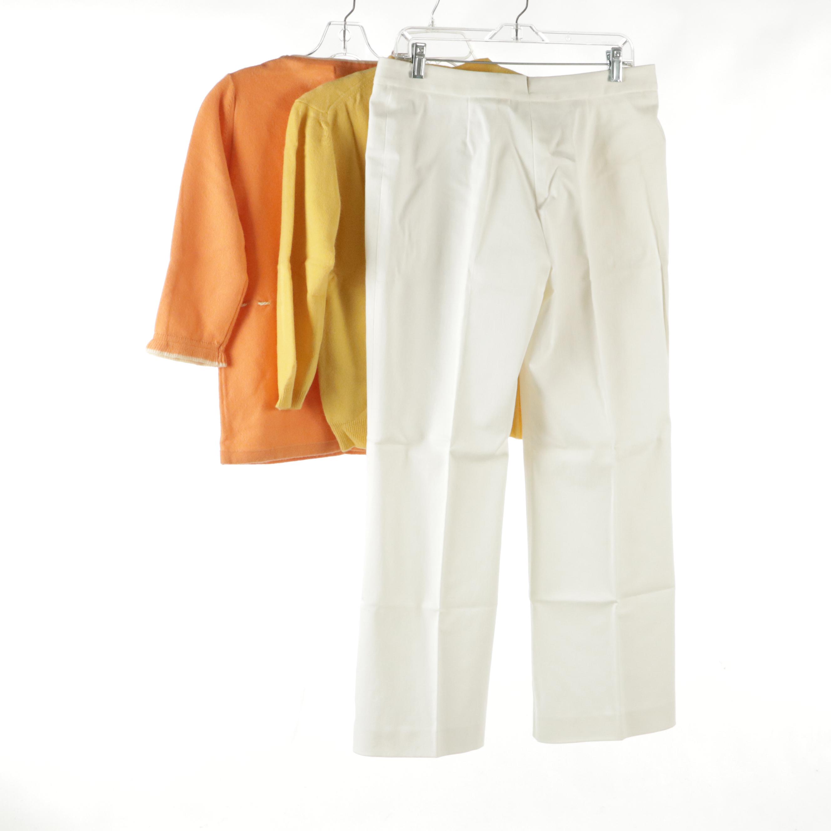 Barneys New York Cashmere Cardigan, Long Sleeve Top & Tank with White Pants