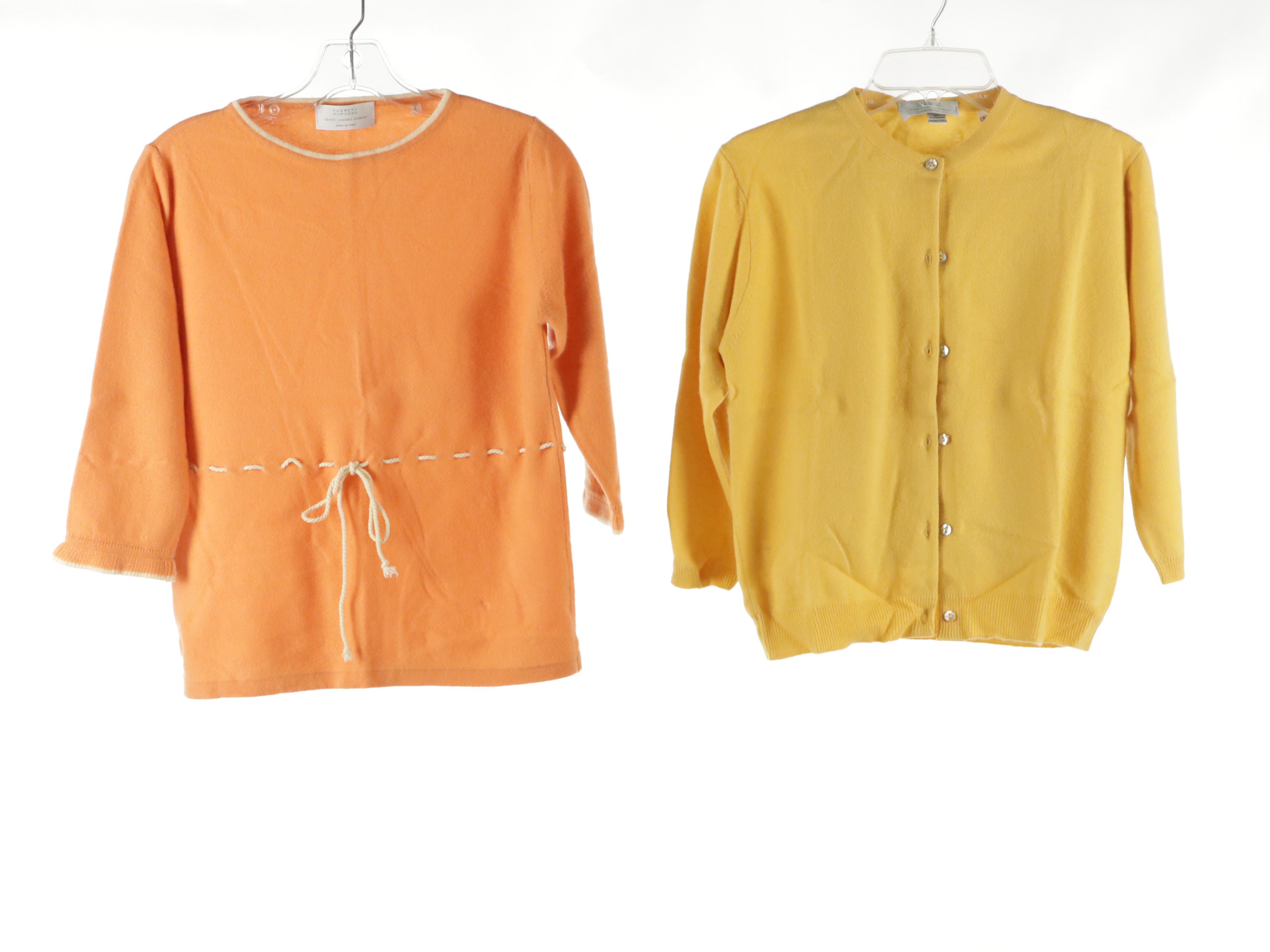 Barneys New York Cashmere Cardigan, Long Sleeve Top & Tank with White Pants