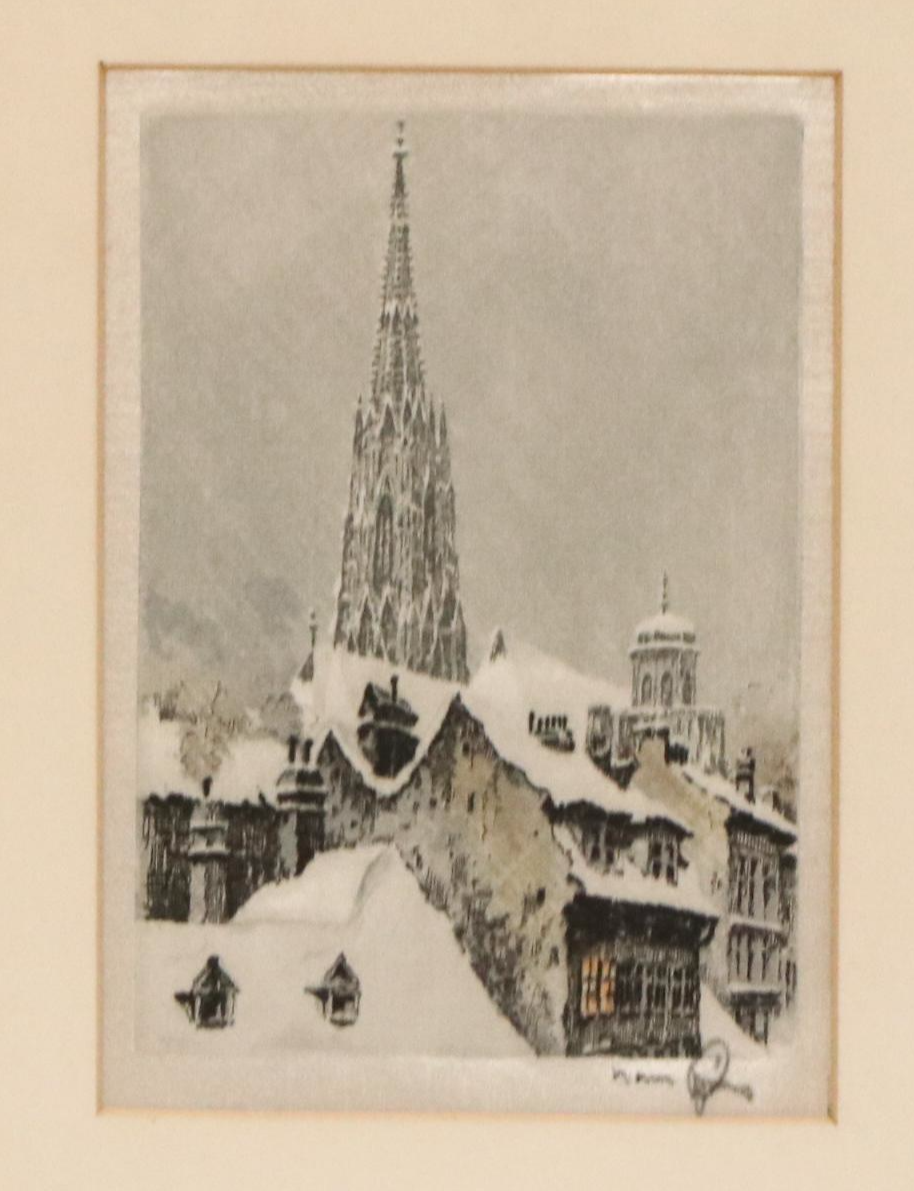 Hans Figura Etching on Satin of Mozart's House in Vienna