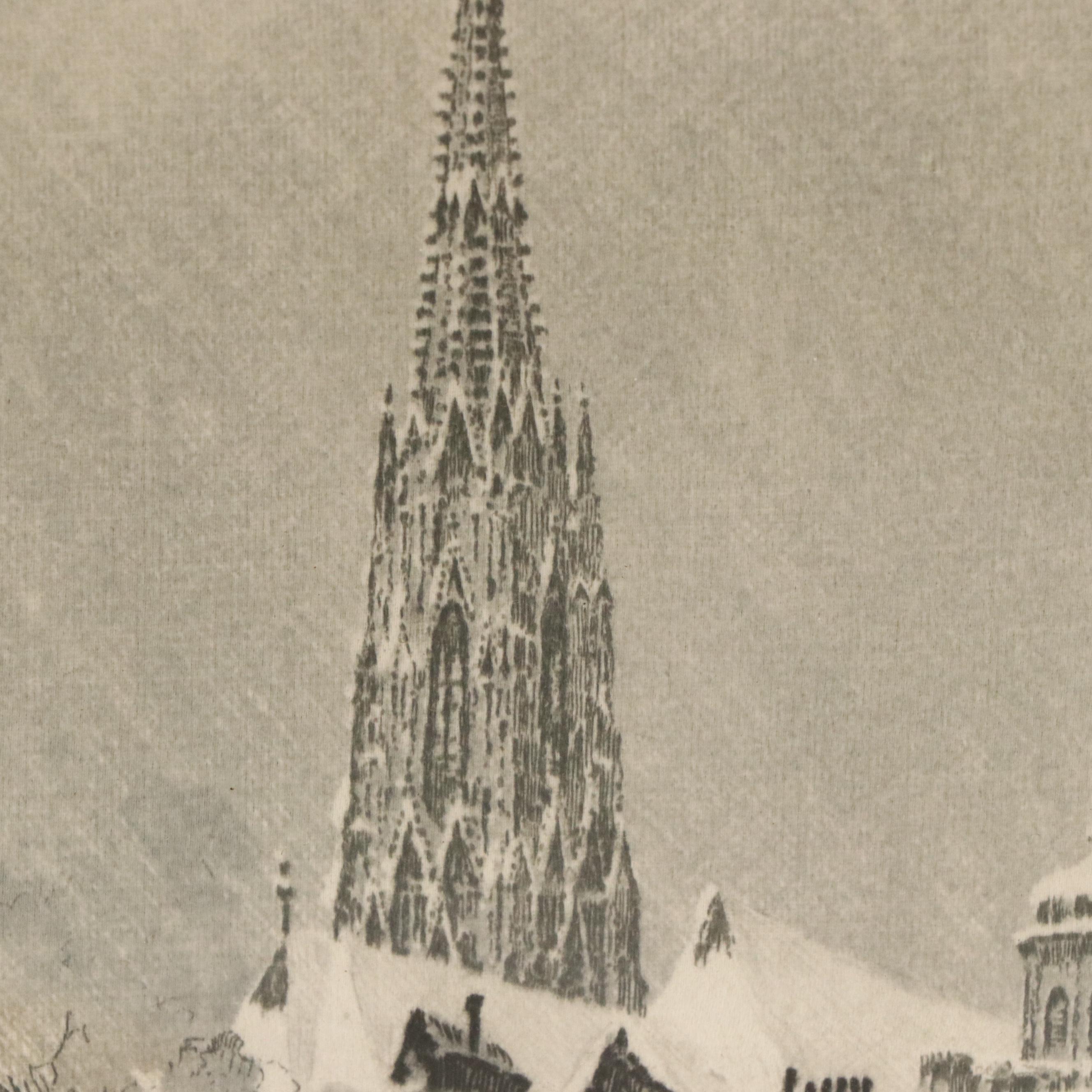 Hans Figura Etching on Satin of Mozart's House in Vienna