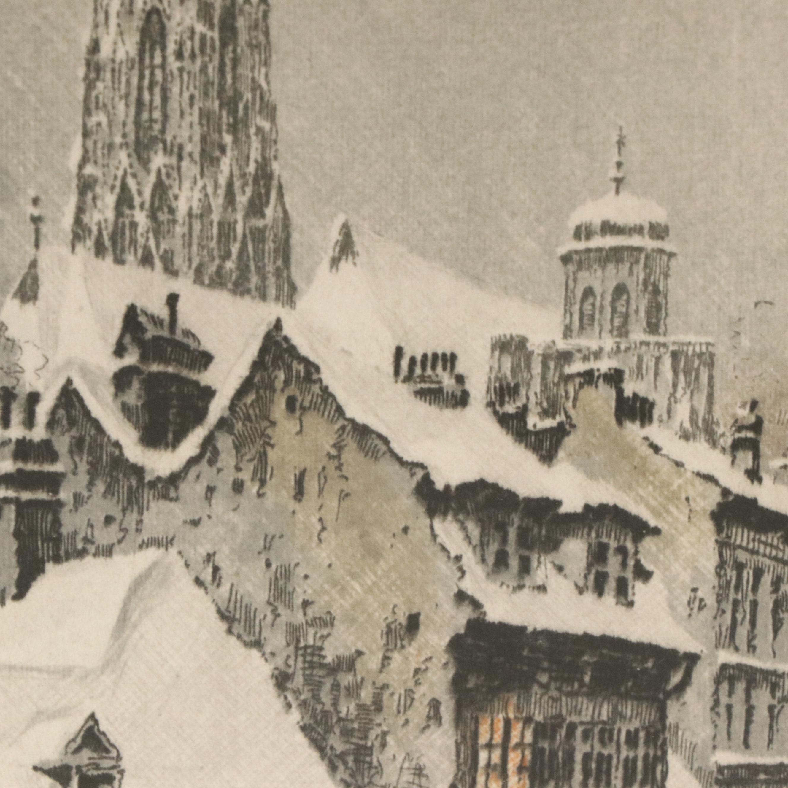 Hans Figura Etching on Satin of Mozart's House in Vienna