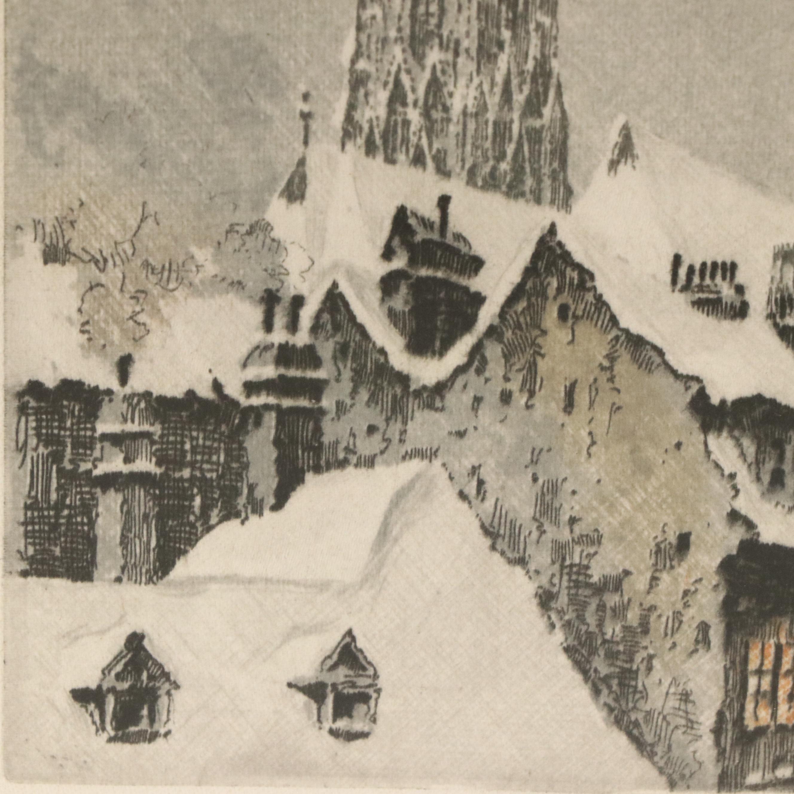 Hans Figura Etching on Satin of Mozart's House in Vienna