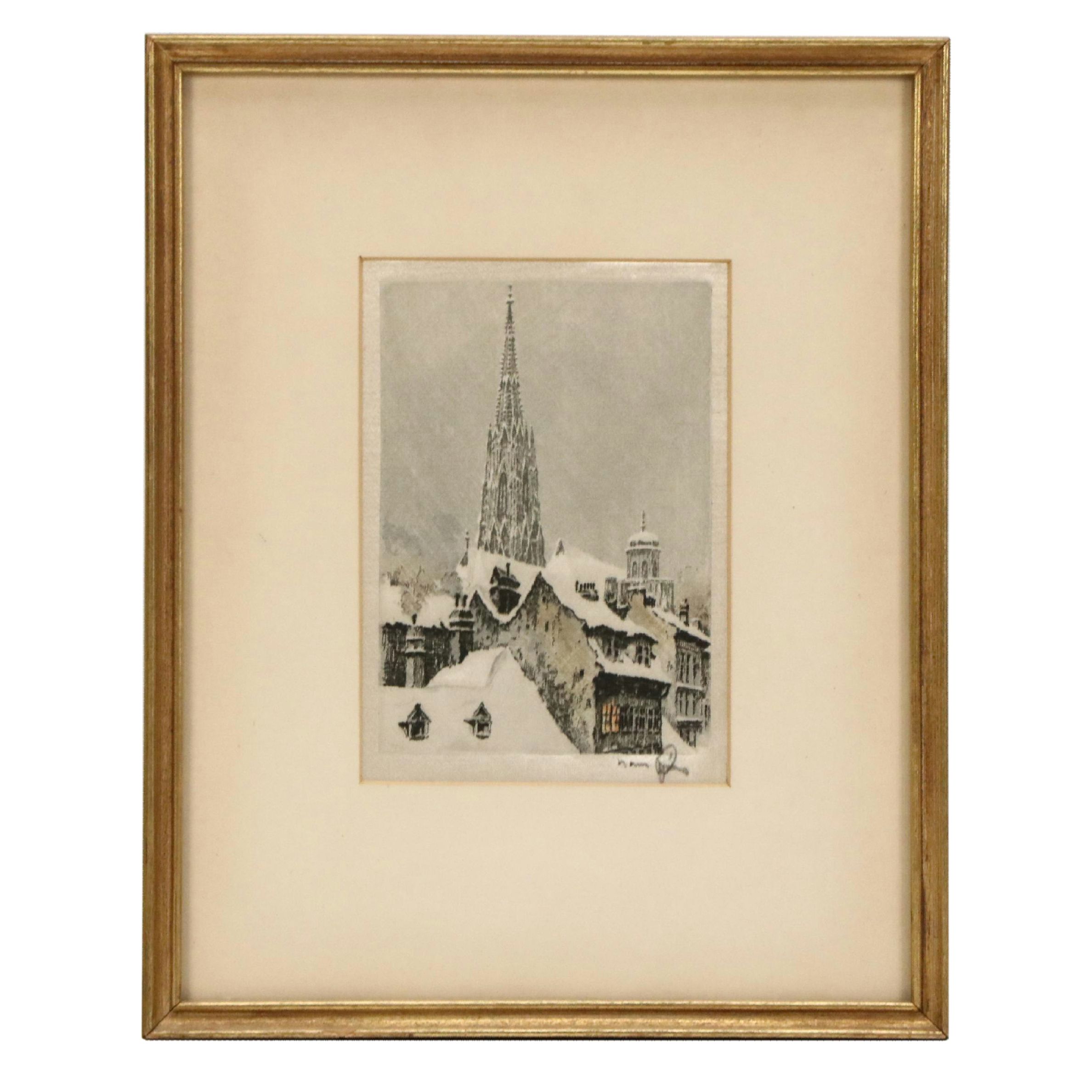 Hans Figura Etching on Satin of Mozart's House in Vienna