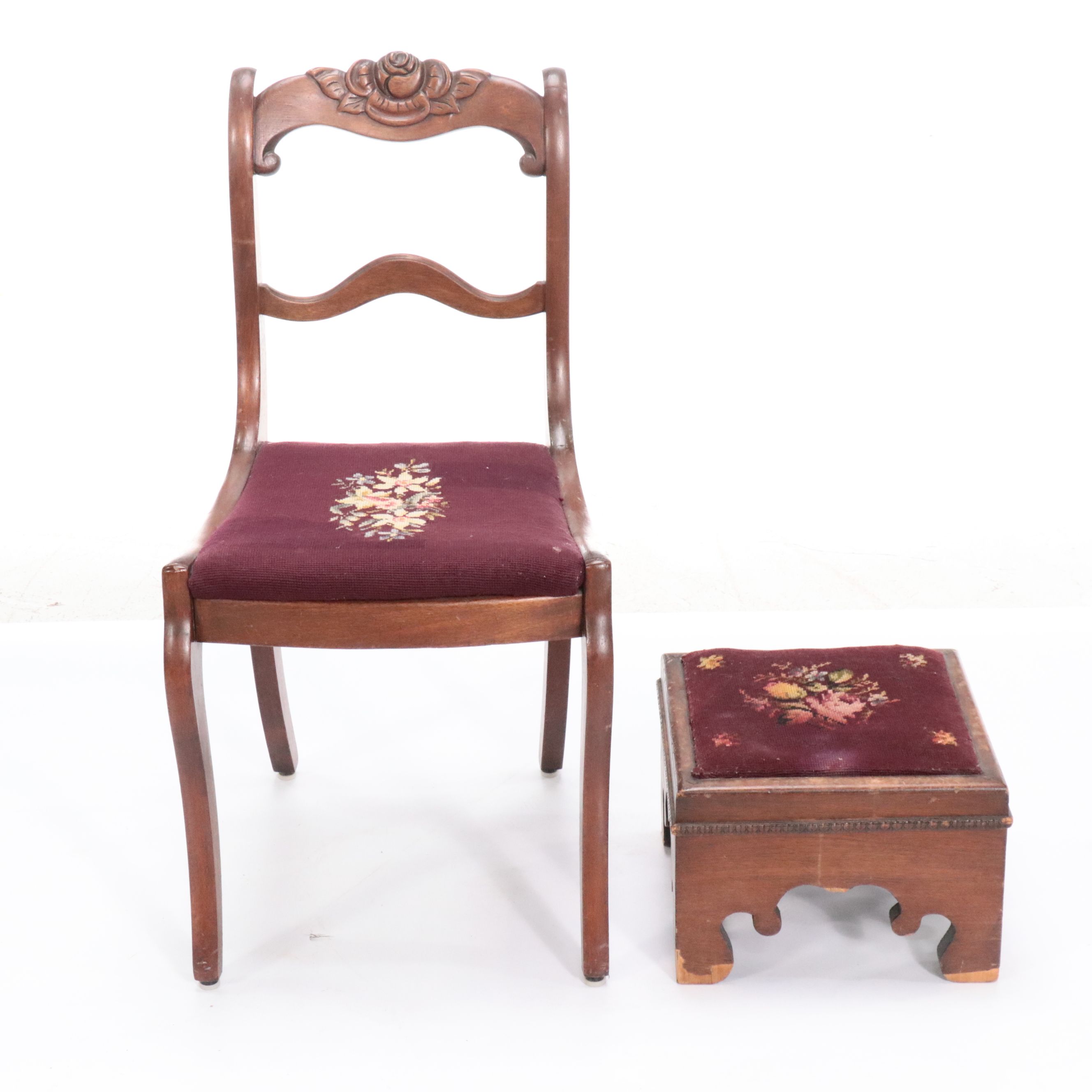 Late Victorian Mahogany Footstool and Side Chair with Valet Stand