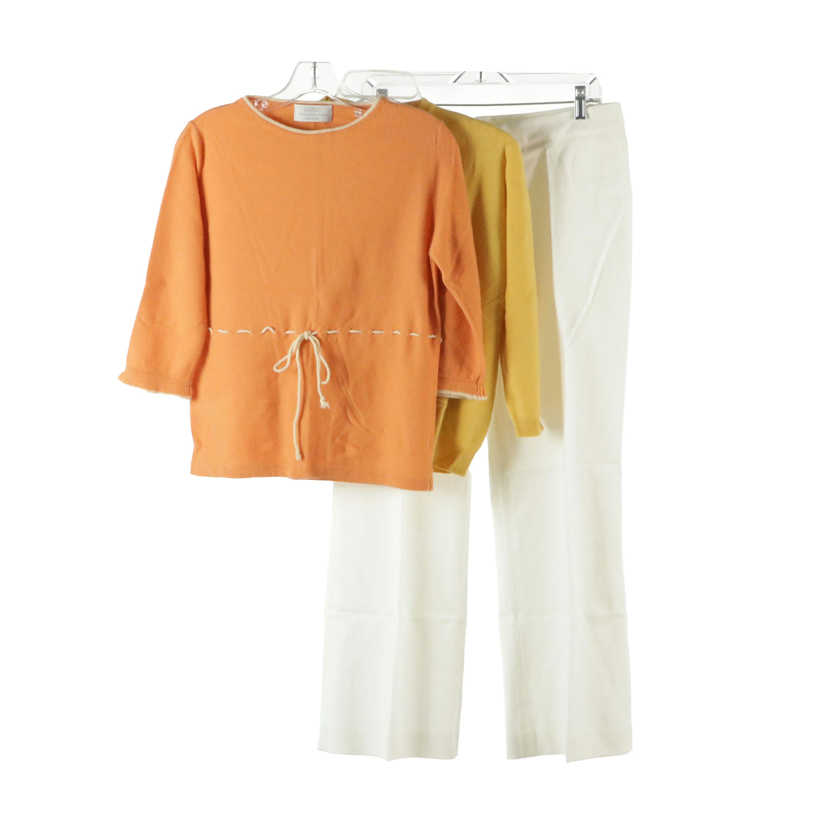 Barneys New York Cashmere Cardigan, Long Sleeve Top & Tank with White Pants