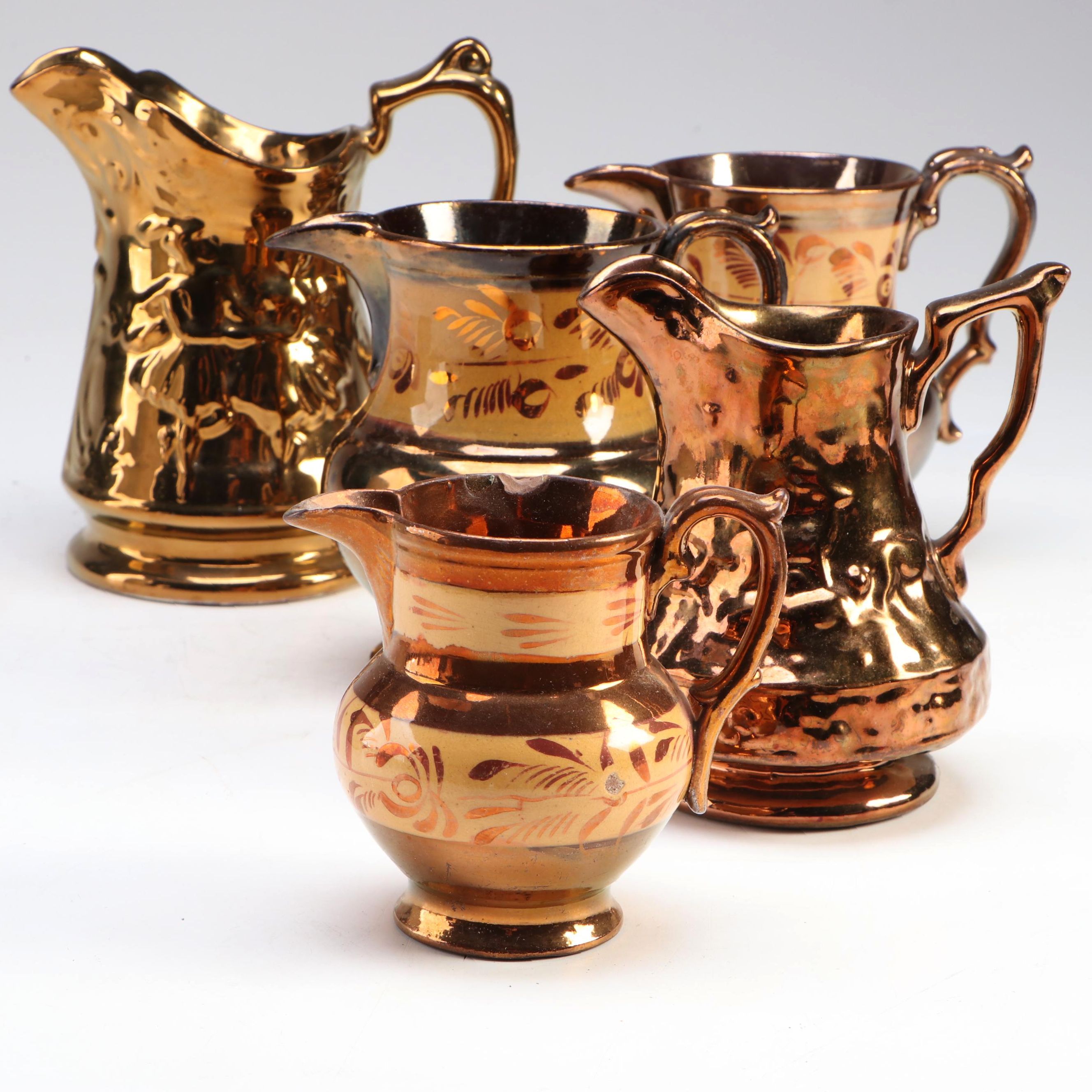 Wade with Other English Style Copper Lusterware Pitchers, Early to Mid-20th C.