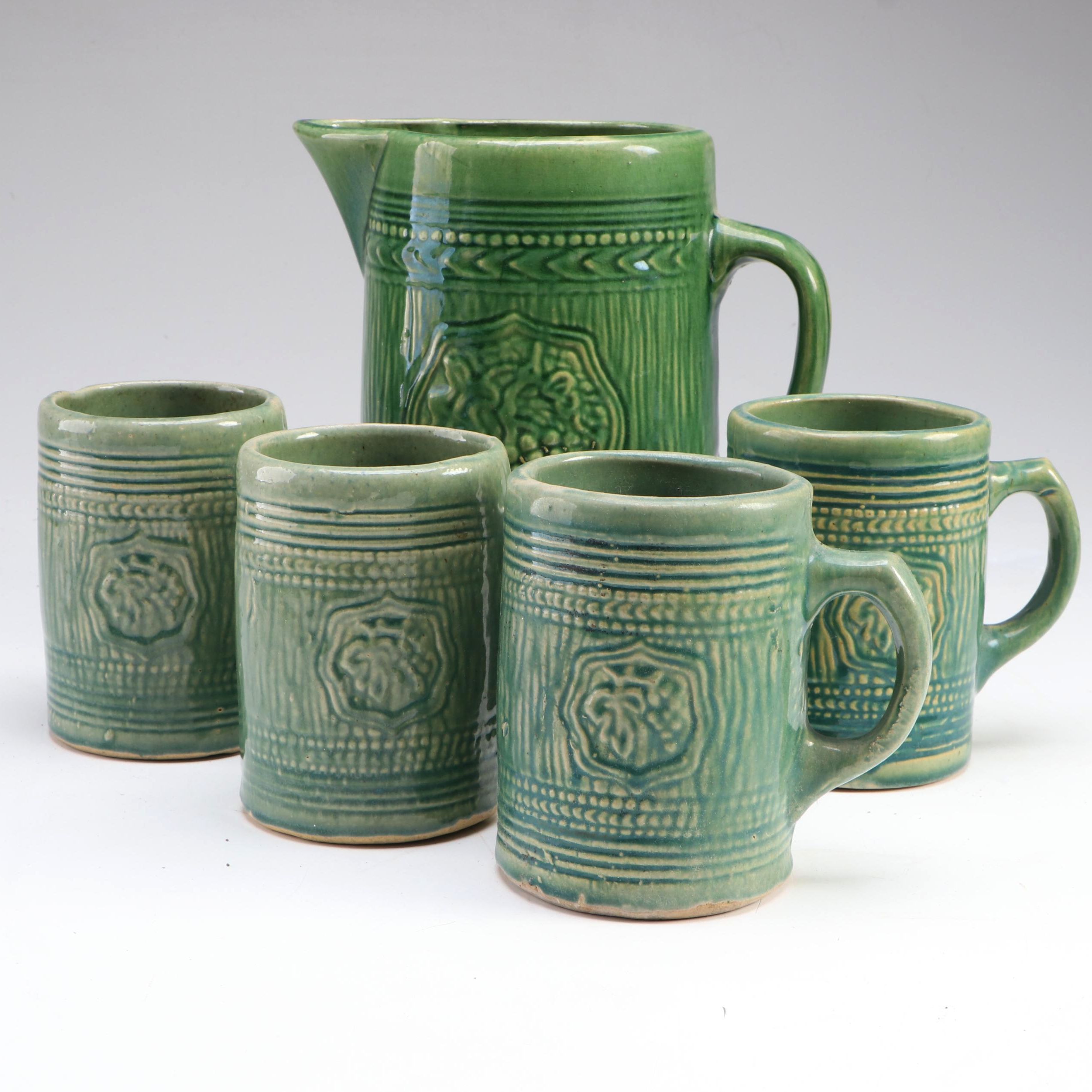 McCoy Pottery Stoneware Grape Shield Pitcher and Tankard Mugs