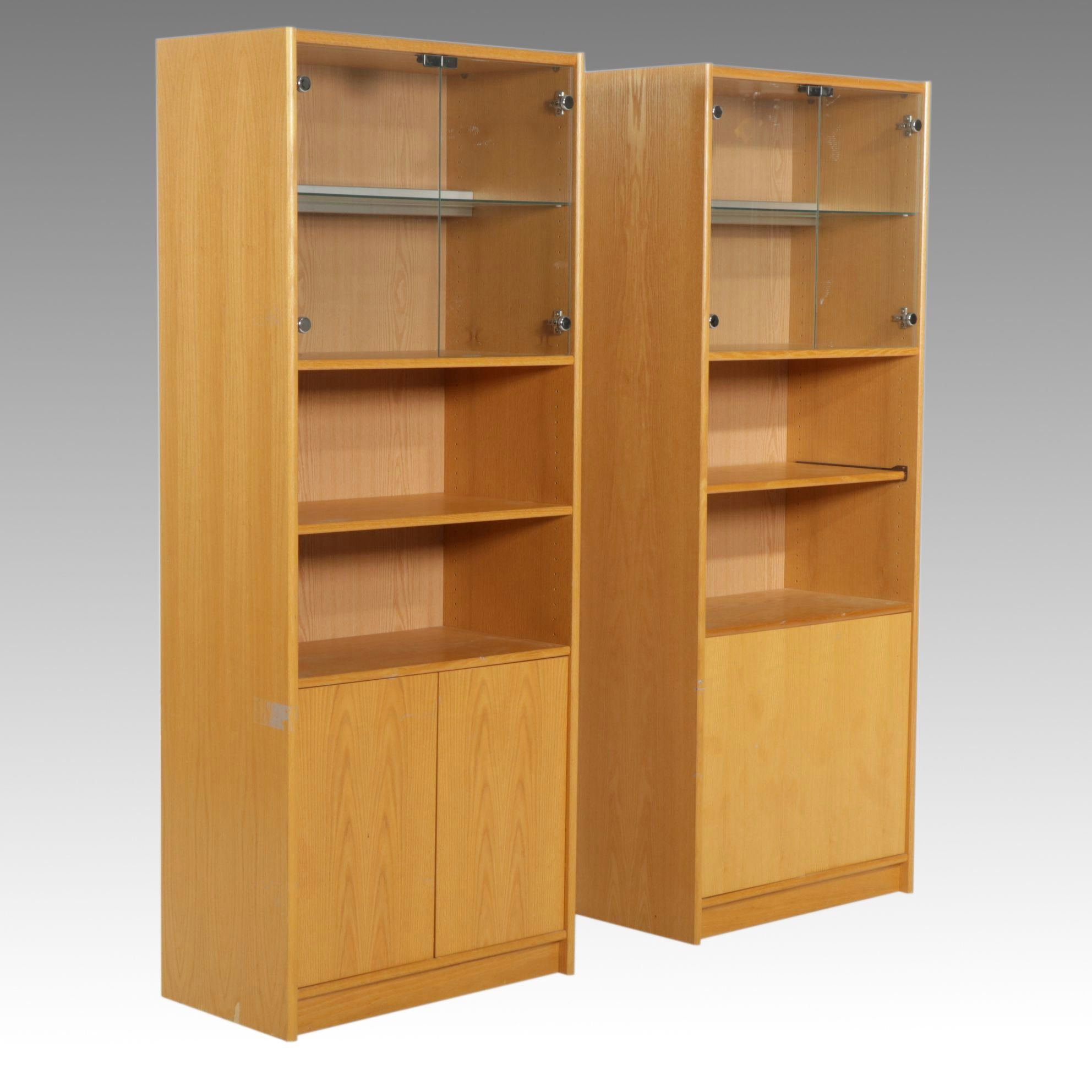 Two Oak Grain Finished Wall Unit Cabinets with Illuminated Display Shelves