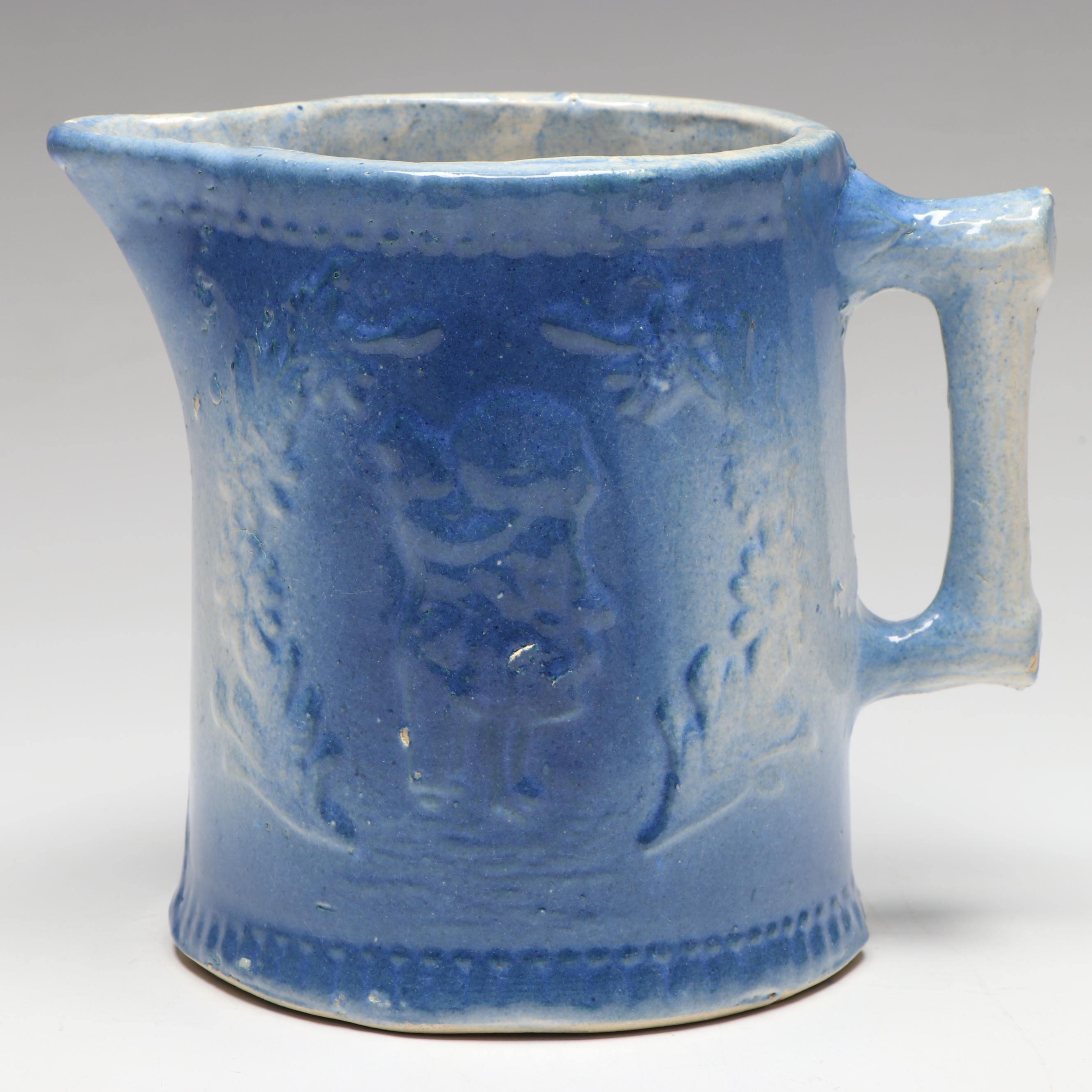 Blue and White Salt Glazed Stoneware and Staffordshire Style Pitchers
