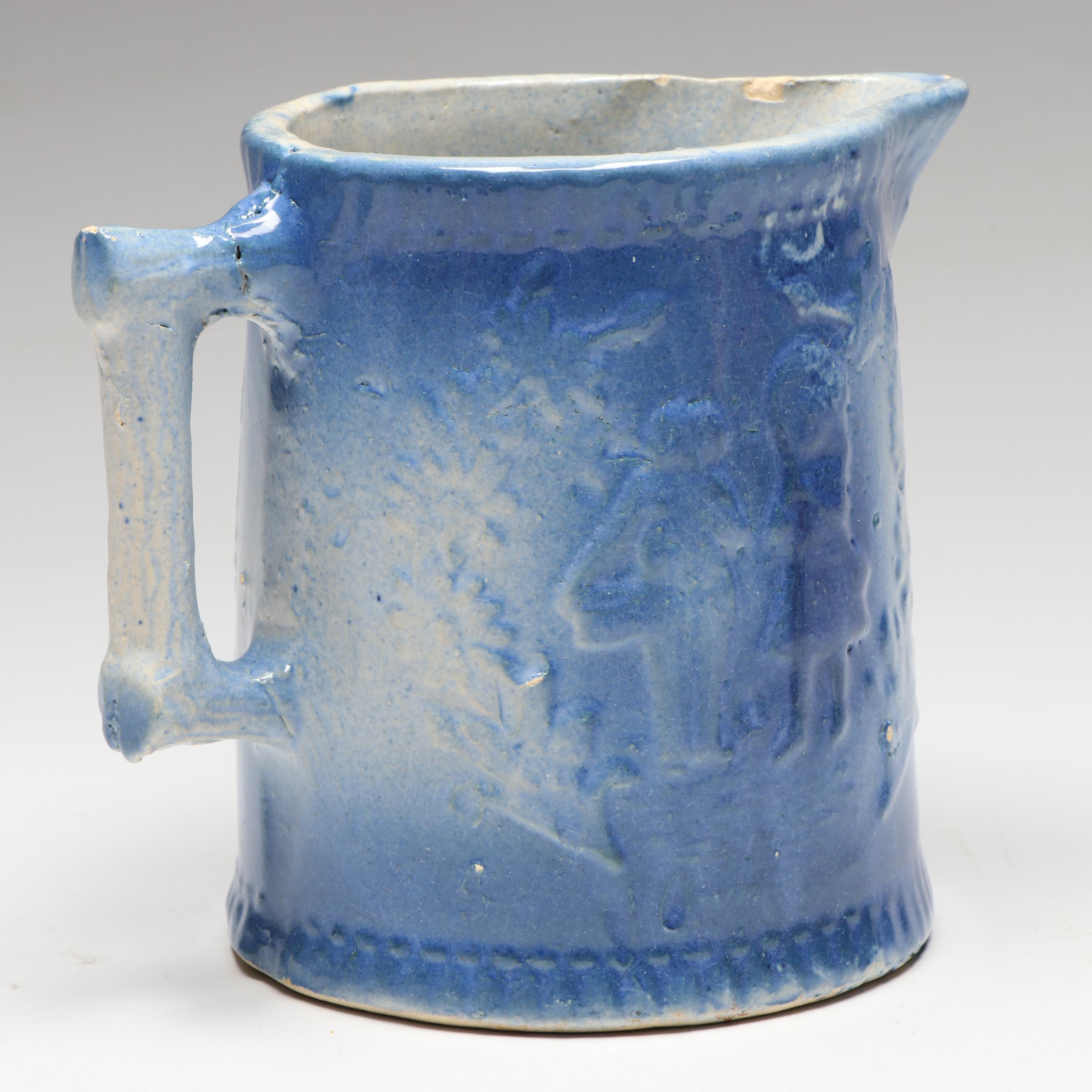 Blue and White Salt Glazed Stoneware and Staffordshire Style Pitchers