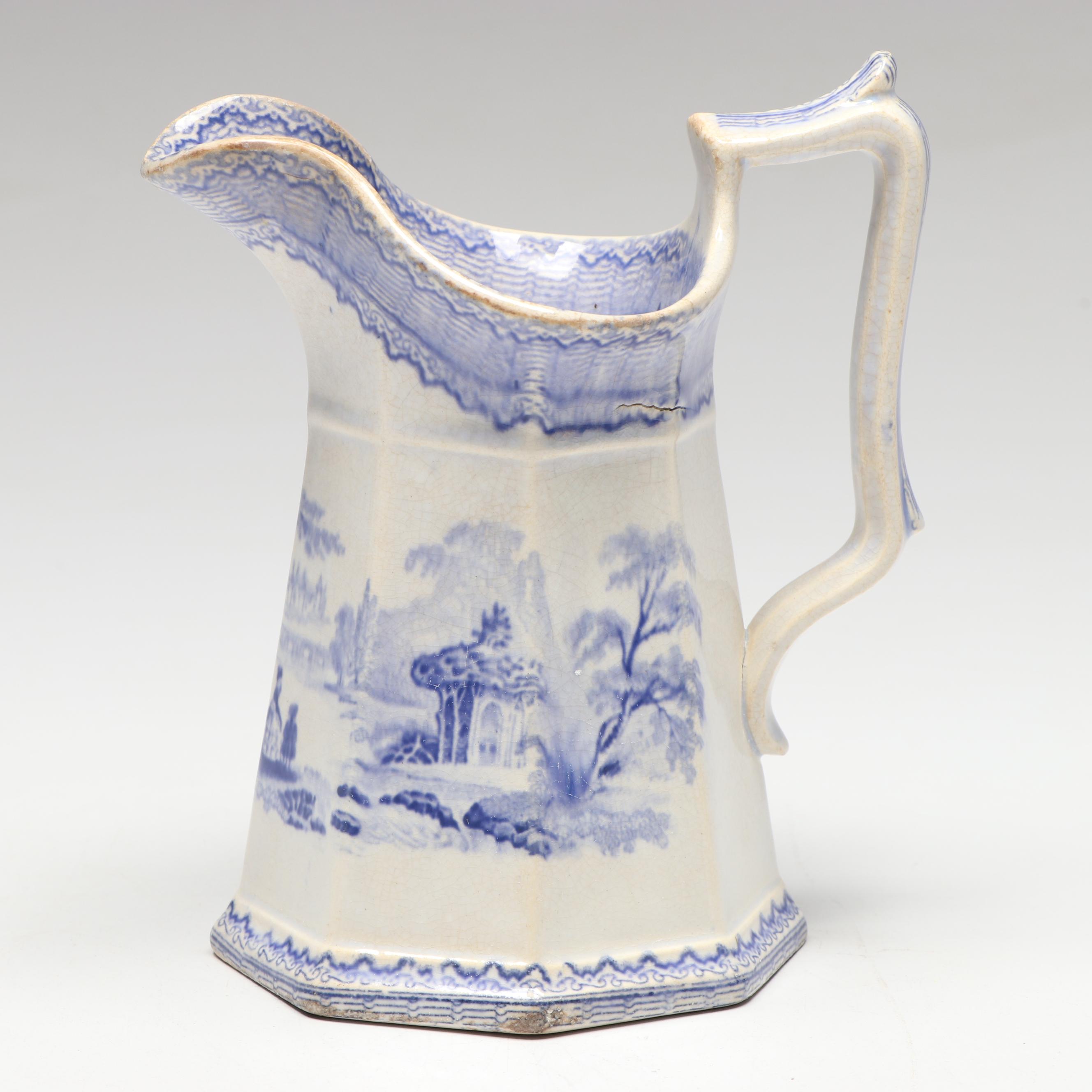 Blue and White Salt Glazed Stoneware and Staffordshire Style Pitchers