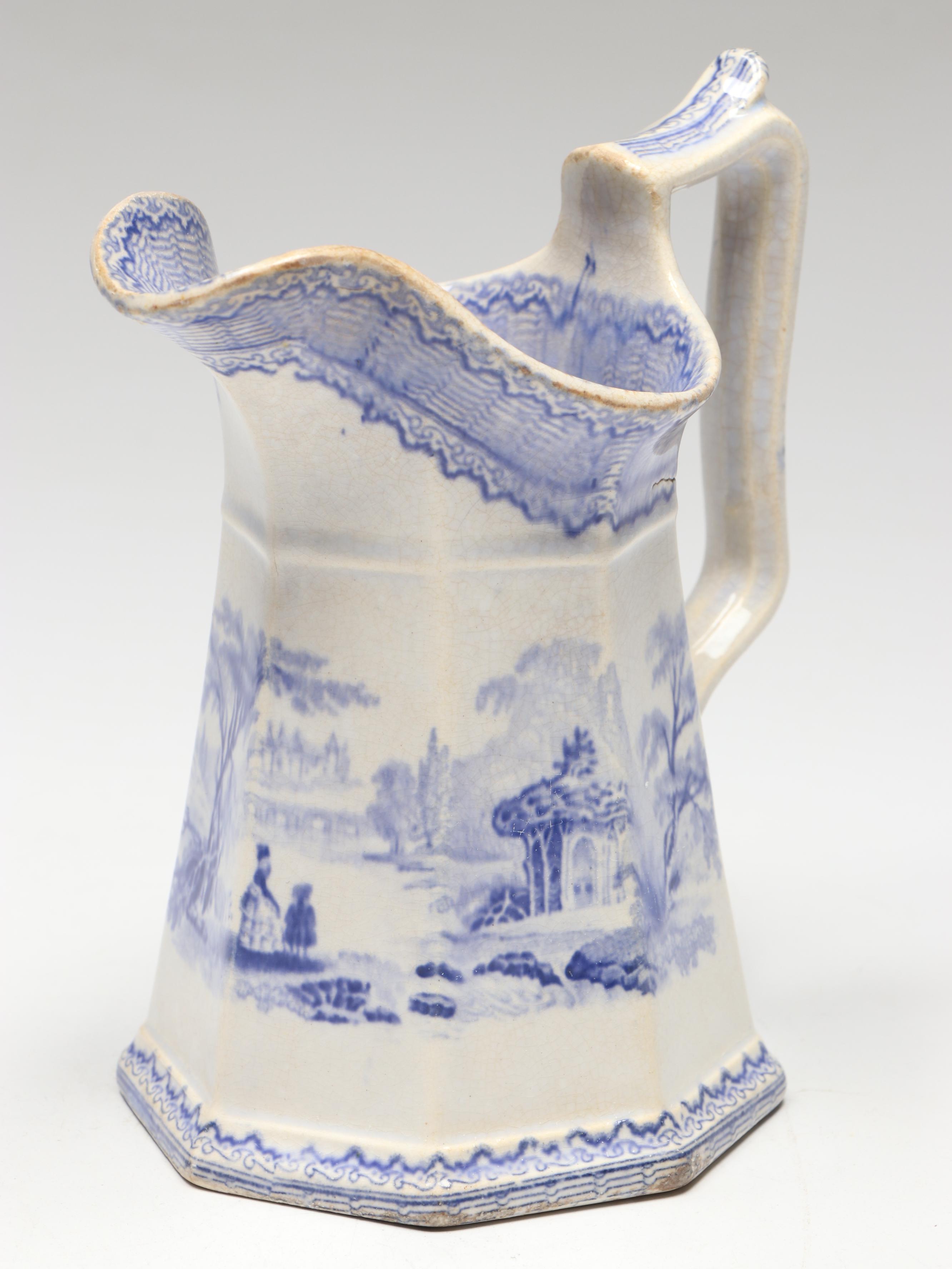 Blue and White Salt Glazed Stoneware and Staffordshire Style Pitchers