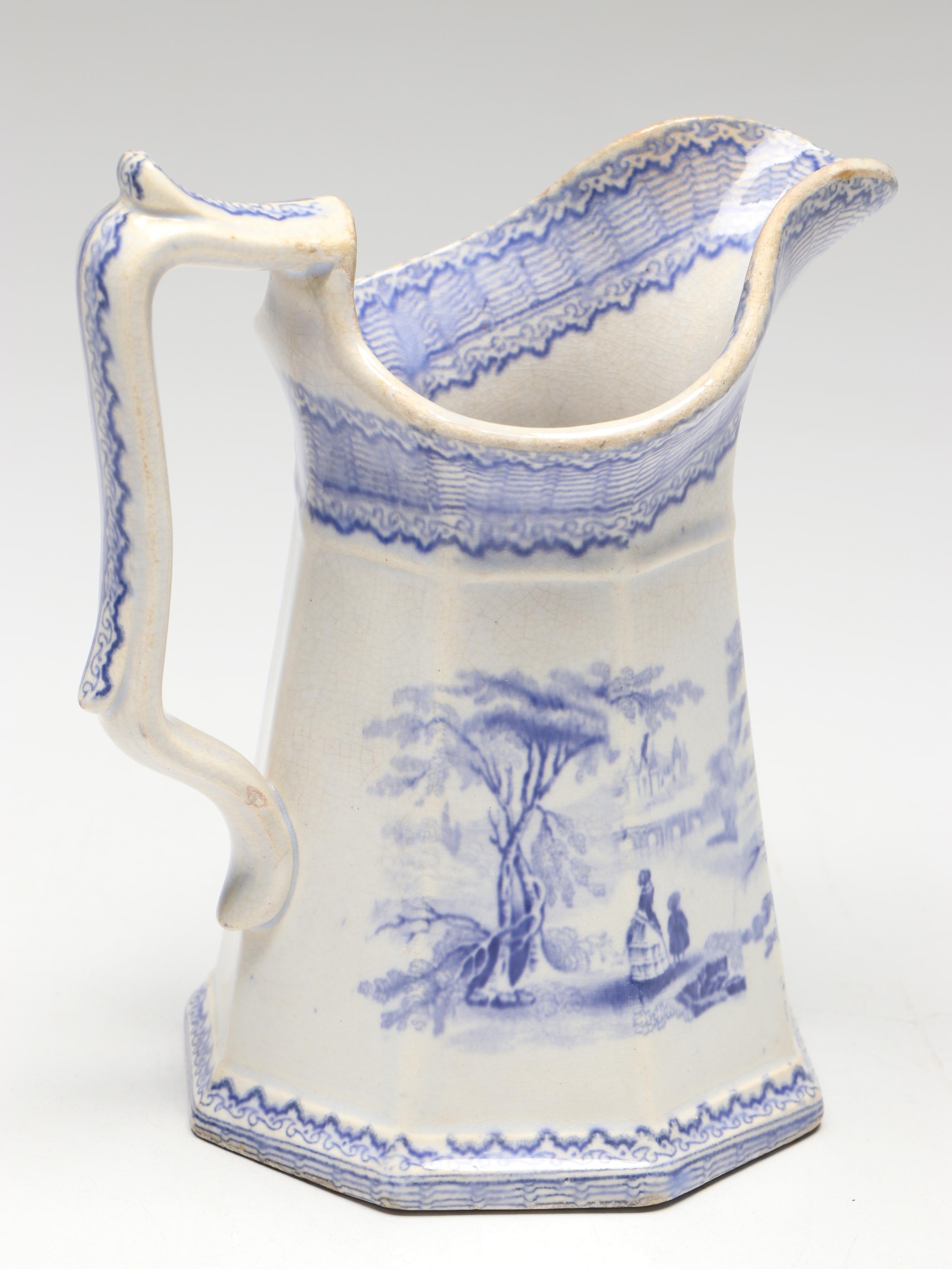 Blue and White Salt Glazed Stoneware and Staffordshire Style Pitchers