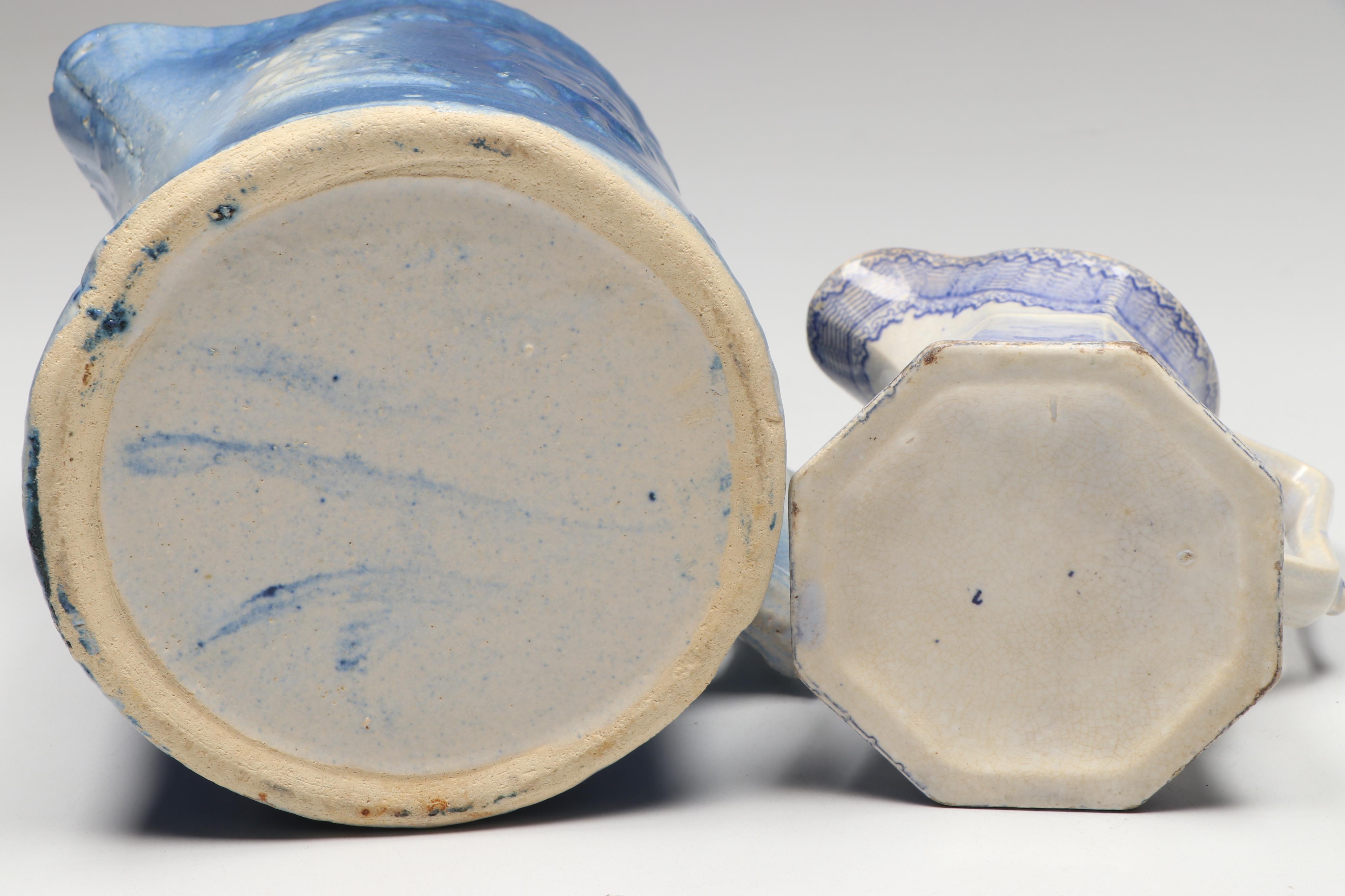 Blue and White Salt Glazed Stoneware and Staffordshire Style Pitchers