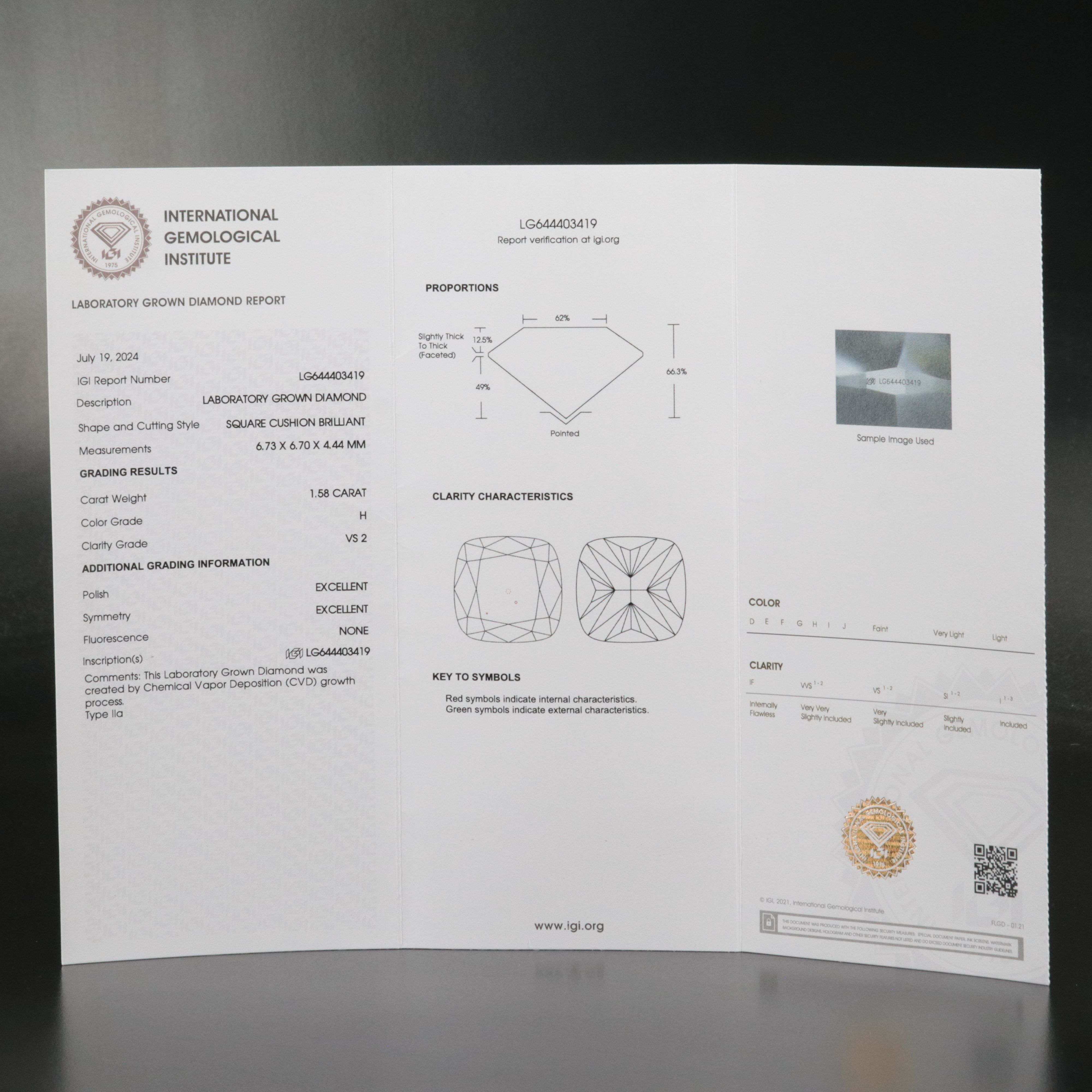 Loose 1.58 CT Lab Grown Diamond with IGI Report