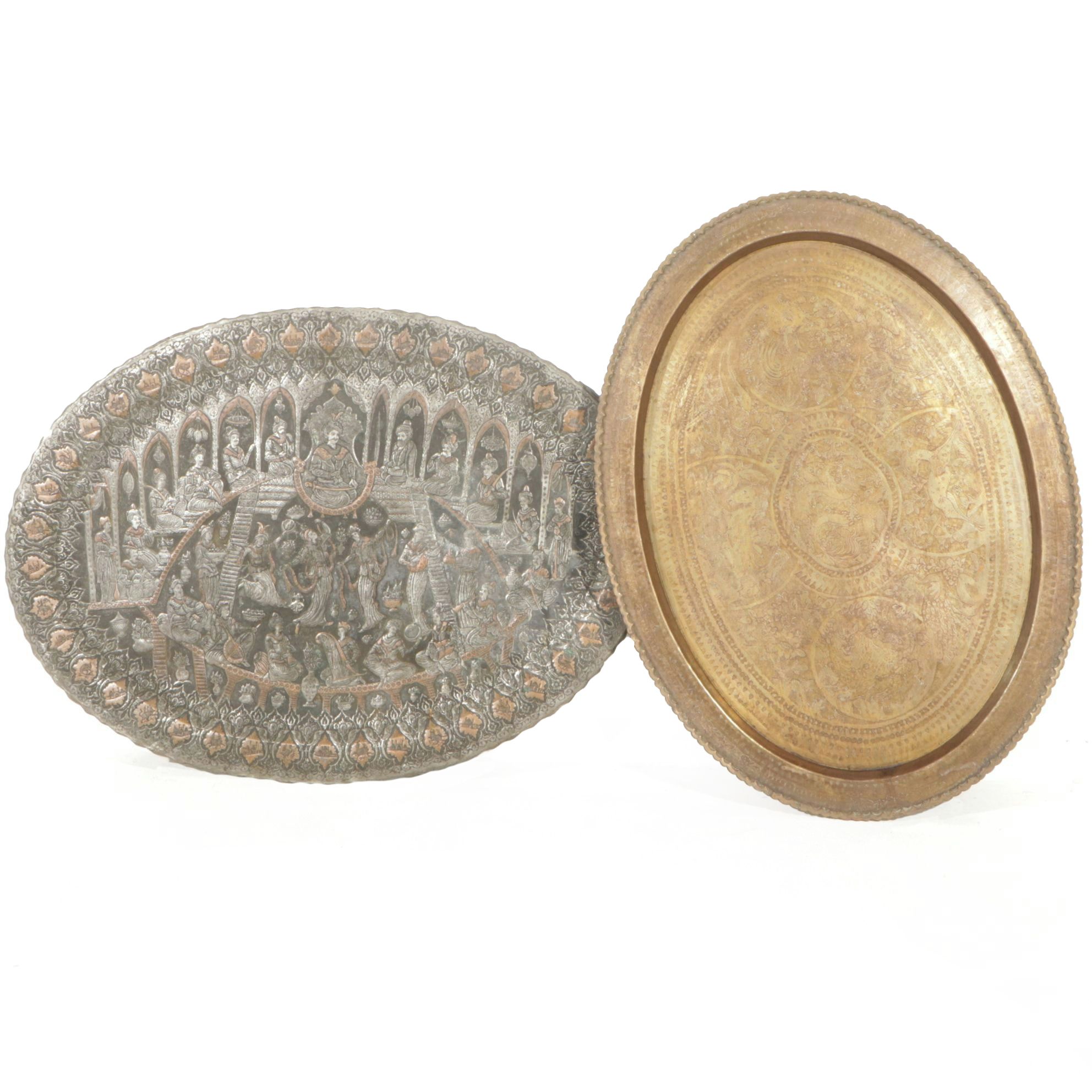 Middle Eastern Embossed and Etched Brass and Metal Oblong Trays