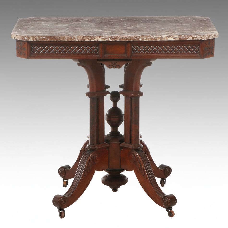 Eastlake Walnut Center Table with Pink Marble Top