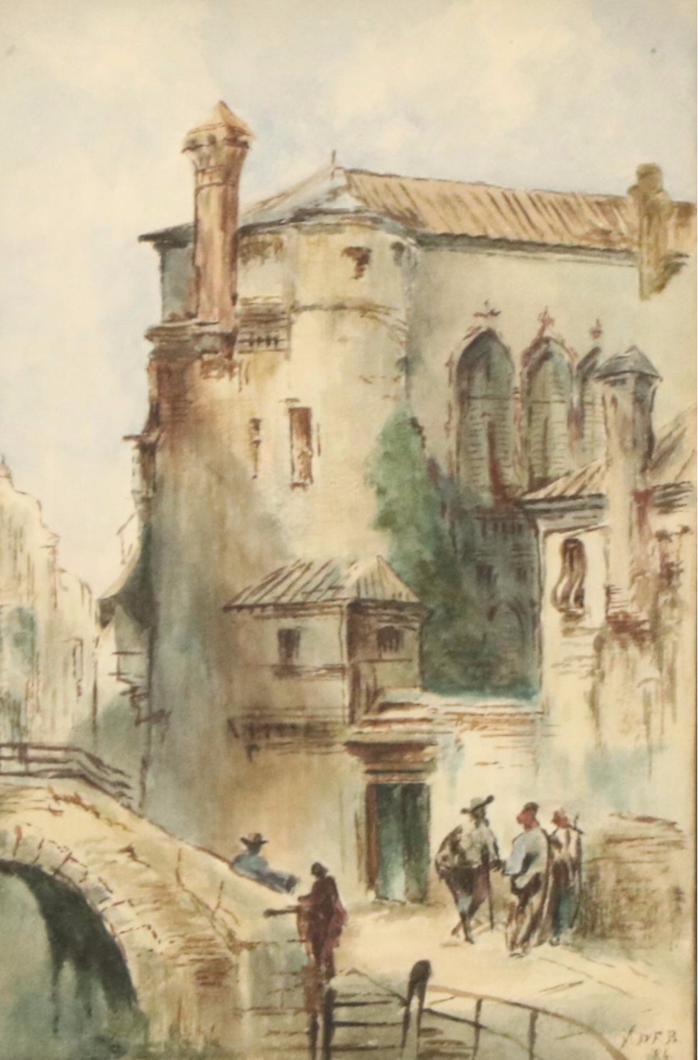 European Street Scene Watercolor Painting, 1886
