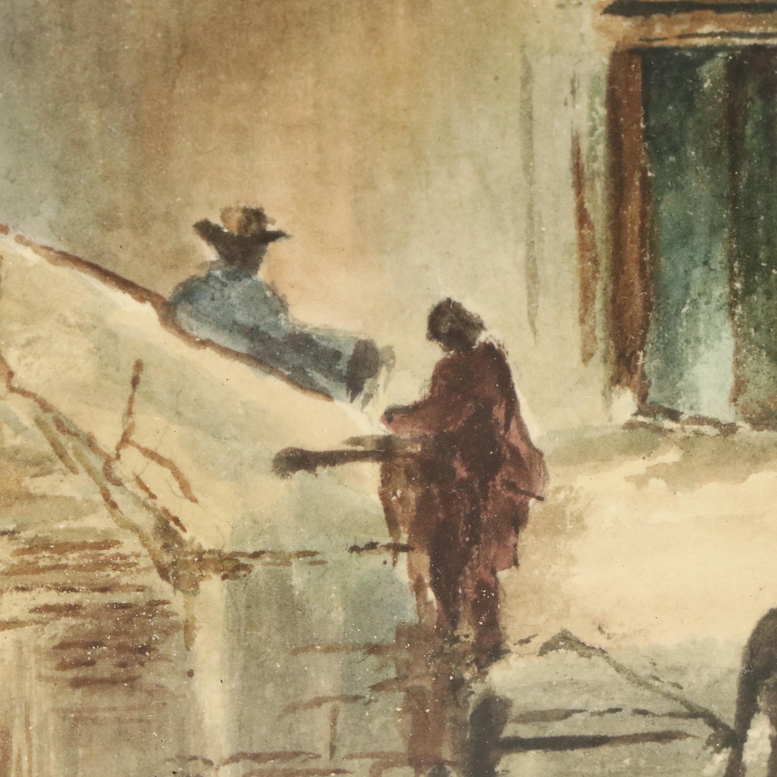 European Street Scene Watercolor Painting, 1886