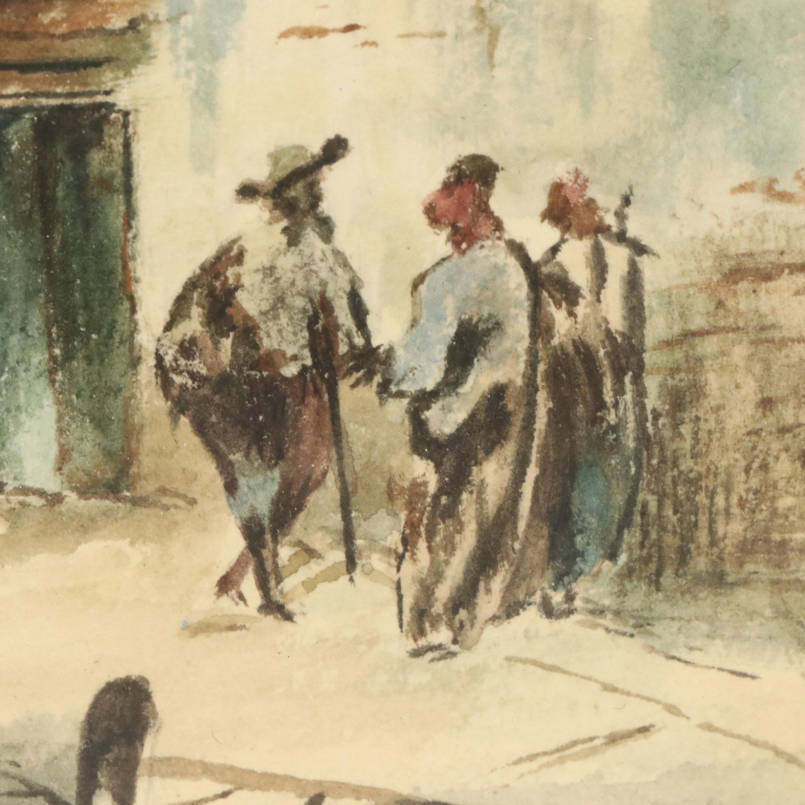 European Street Scene Watercolor Painting, 1886