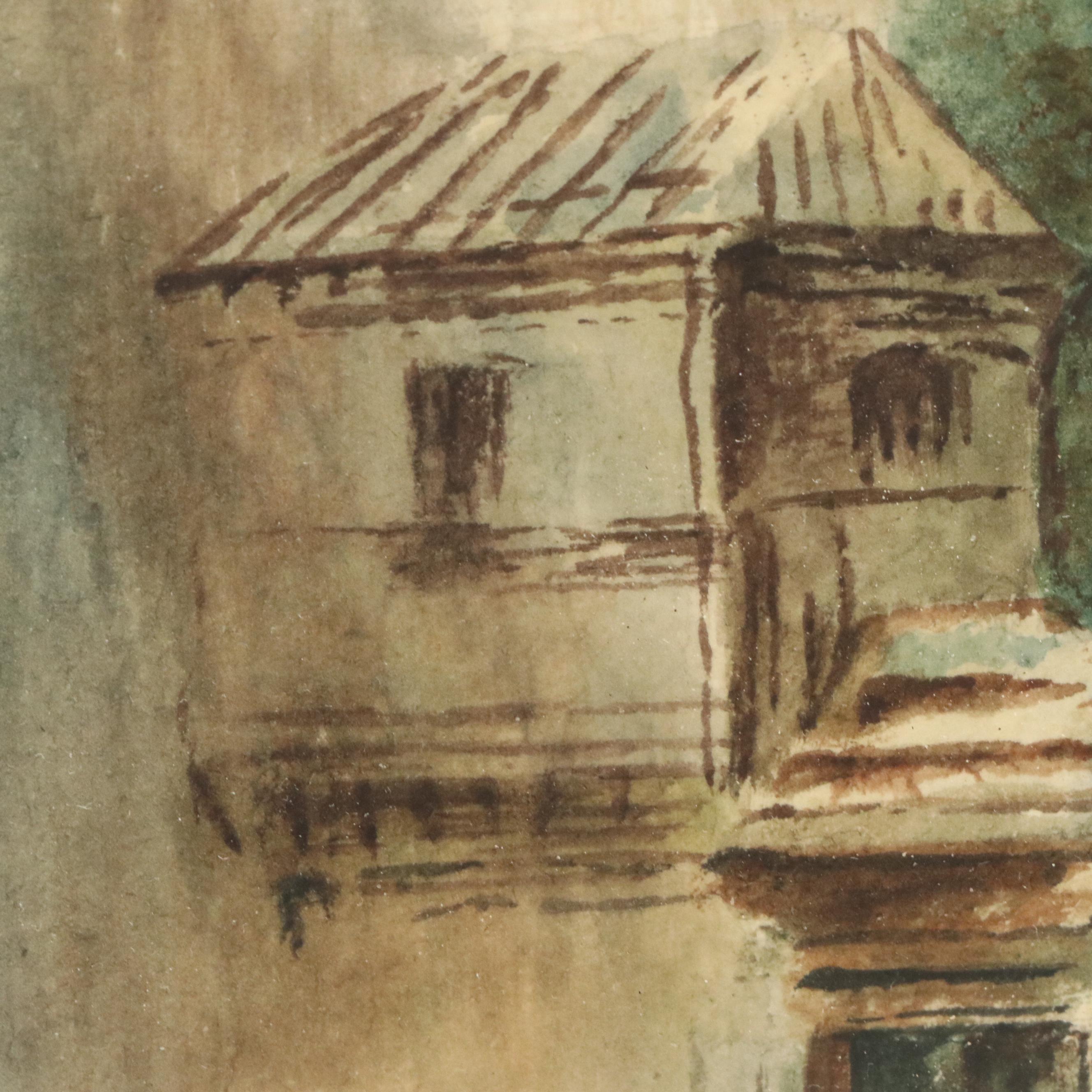 European Street Scene Watercolor Painting, 1886