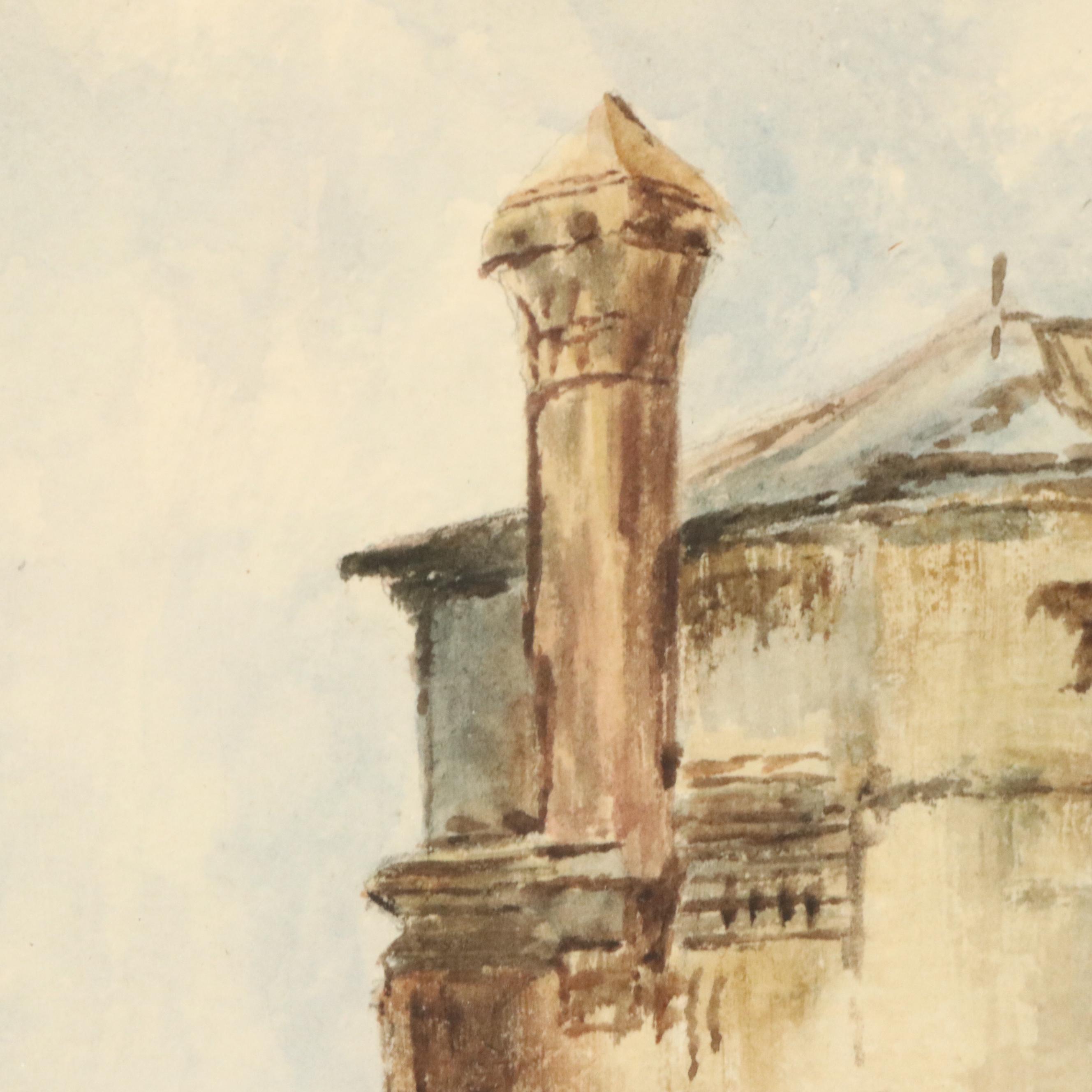 European Street Scene Watercolor Painting, 1886