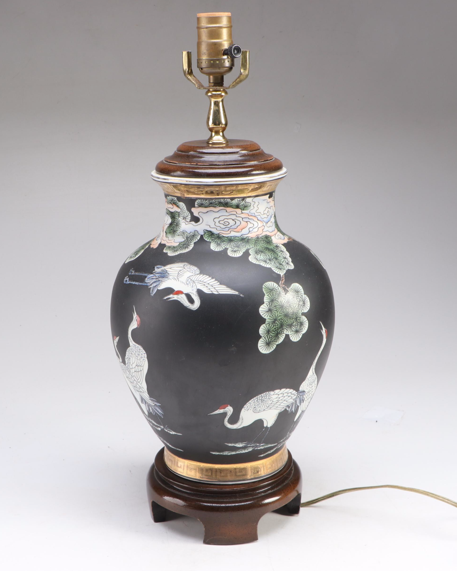 East Asian Cranes on Porcelain Ginger Jar Table Lamp, Scalloped Silk Shade