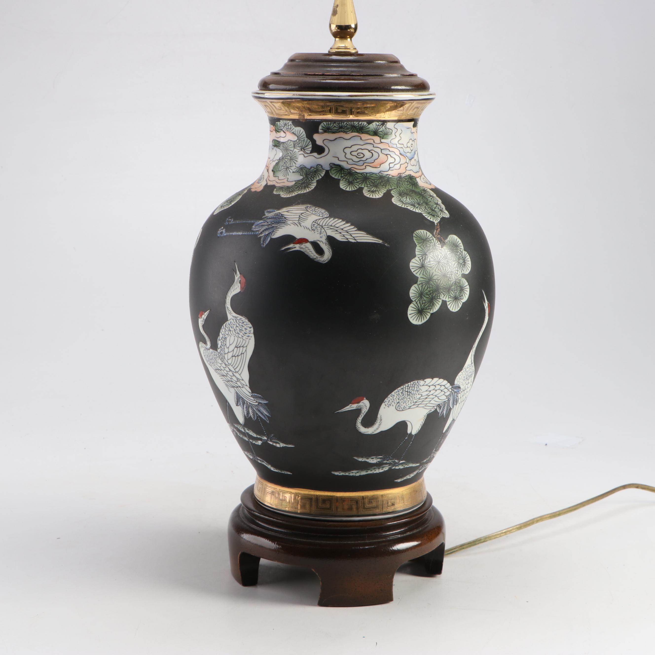 East Asian Cranes on Porcelain Ginger Jar Table Lamp, Scalloped Silk Shade