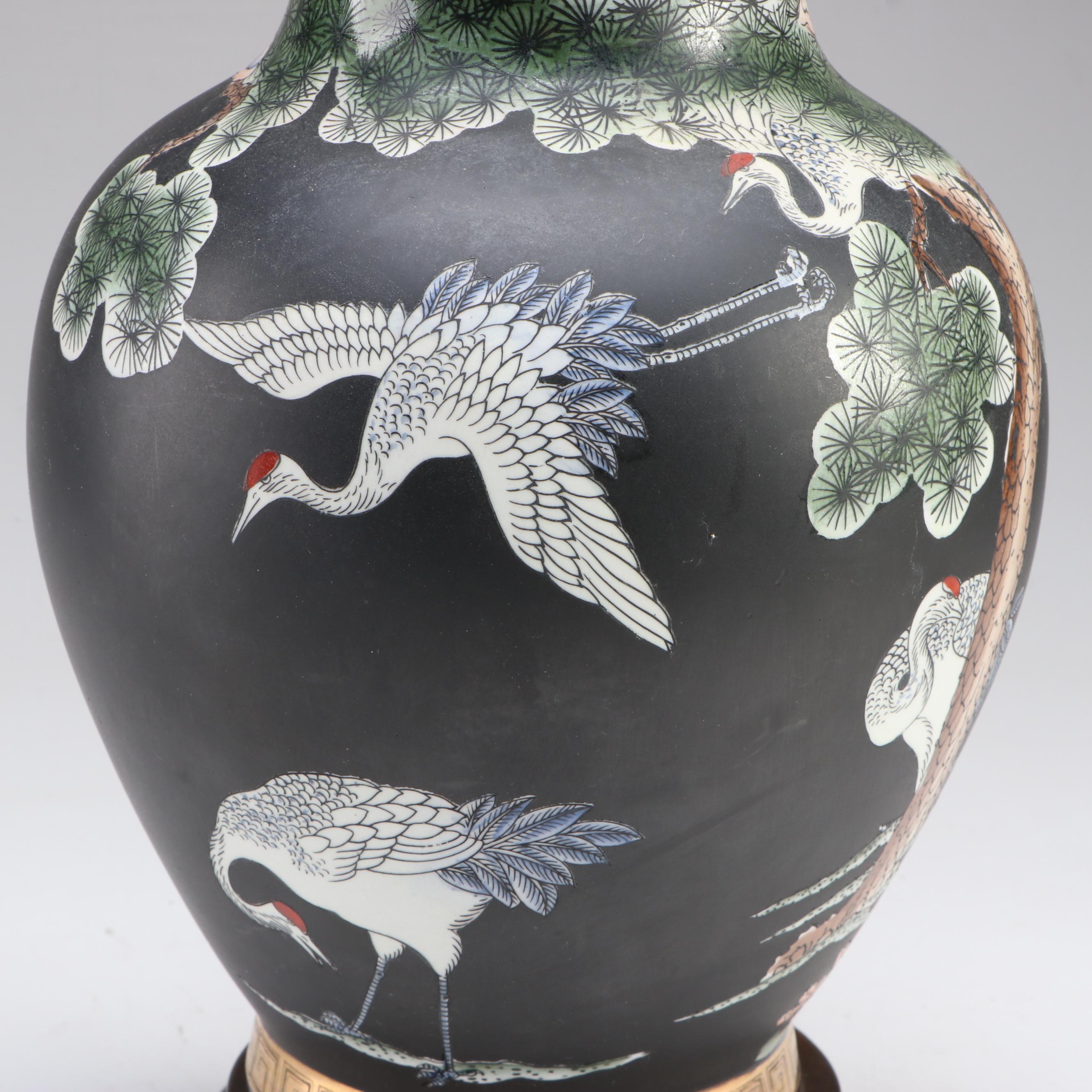 East Asian Cranes on Porcelain Ginger Jar Table Lamp, Scalloped Silk Shade