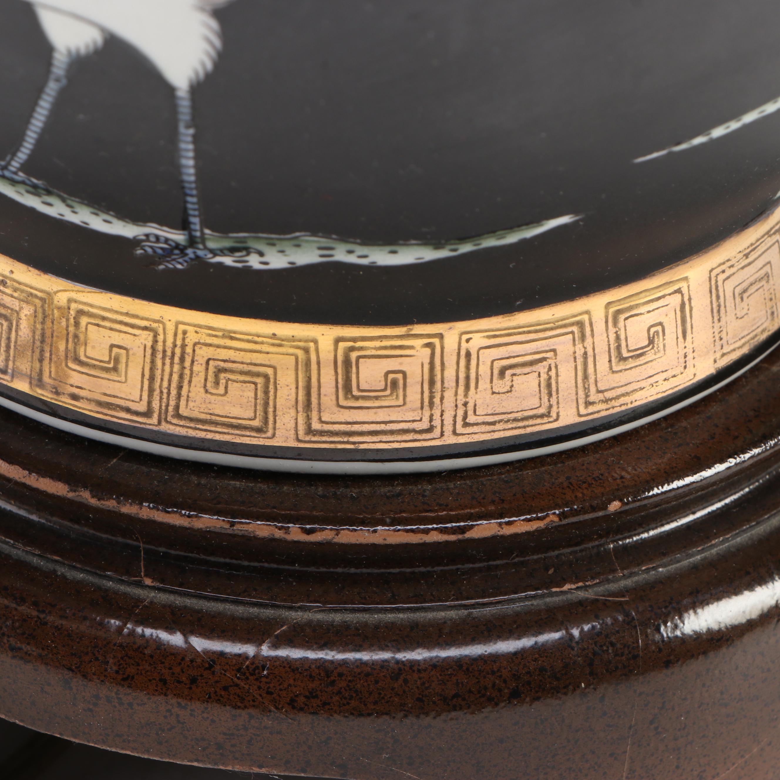 East Asian Cranes on Porcelain Ginger Jar Table Lamp, Scalloped Silk Shade