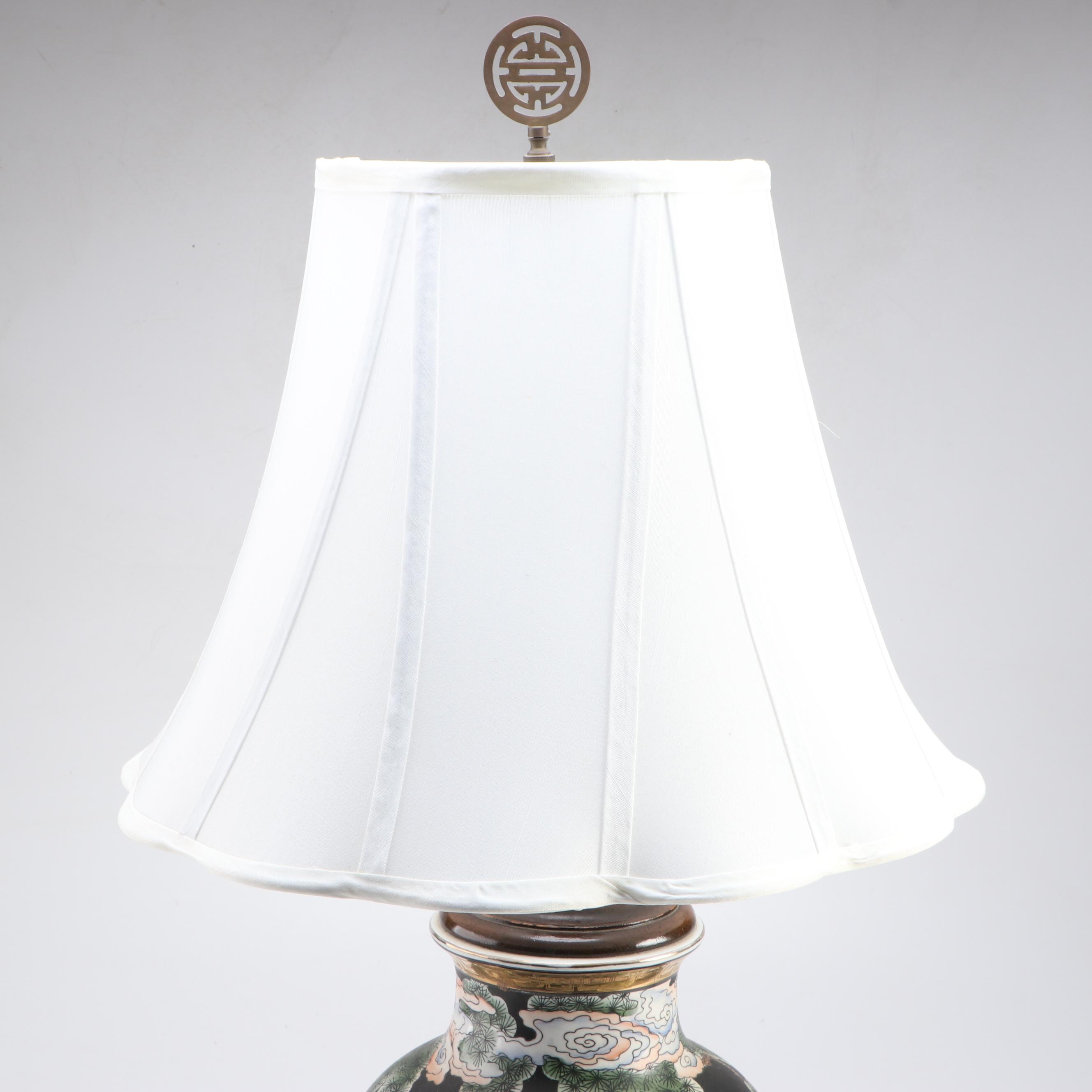 East Asian Cranes on Porcelain Ginger Jar Table Lamp, Scalloped Silk Shade