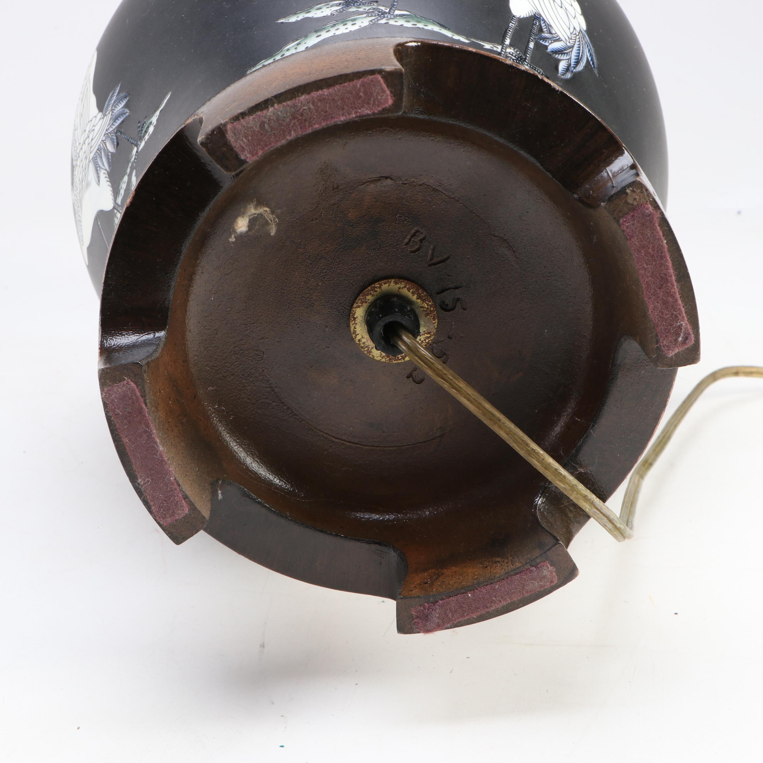 East Asian Cranes on Porcelain Ginger Jar Table Lamp, Scalloped Silk Shade