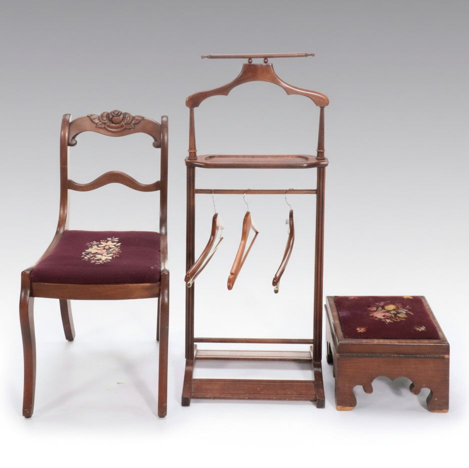 Late Victorian Mahogany Footstool and Side Chair with Valet Stand