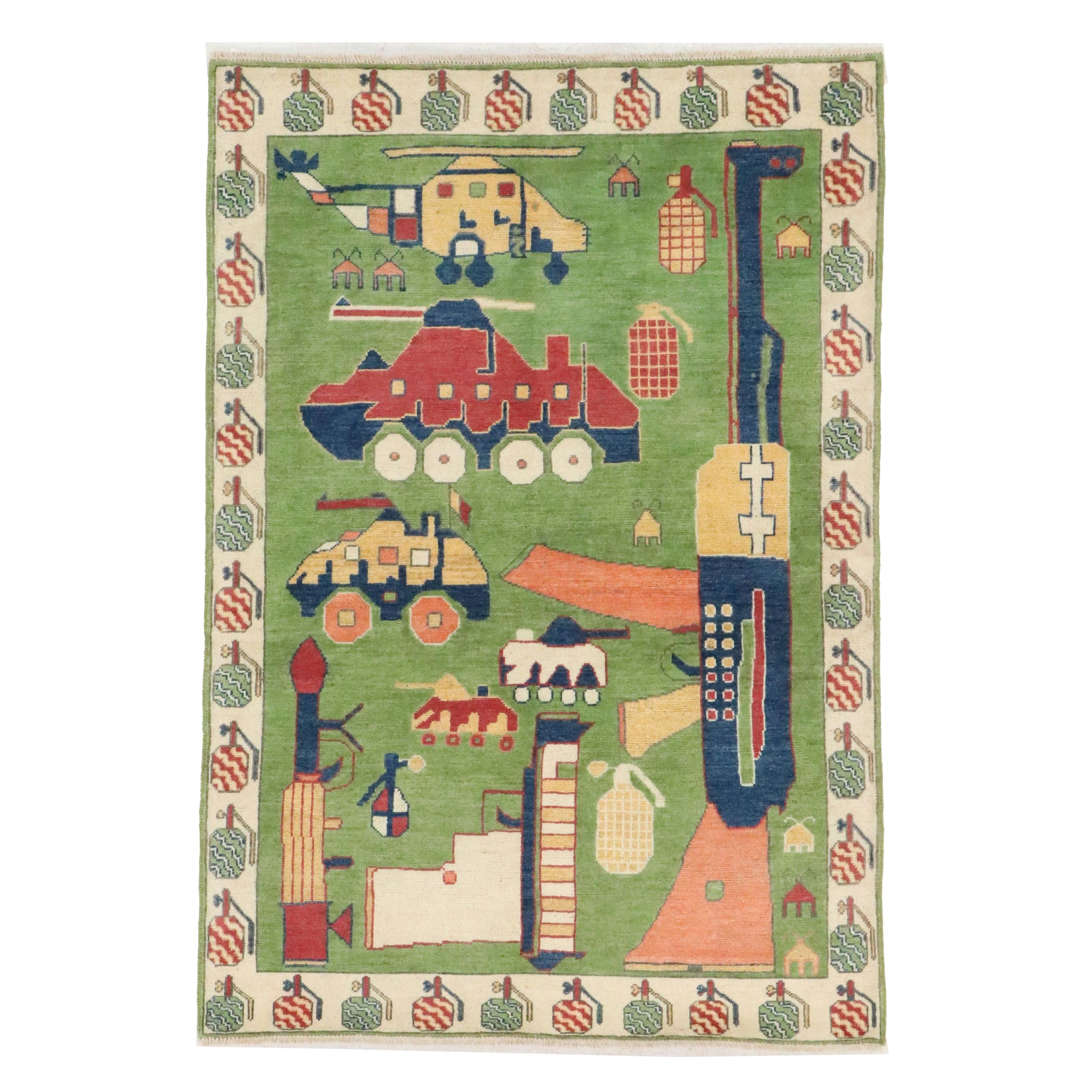 4' x 5'10 Hand-Knotted Afghan Pictorial War Area Rug