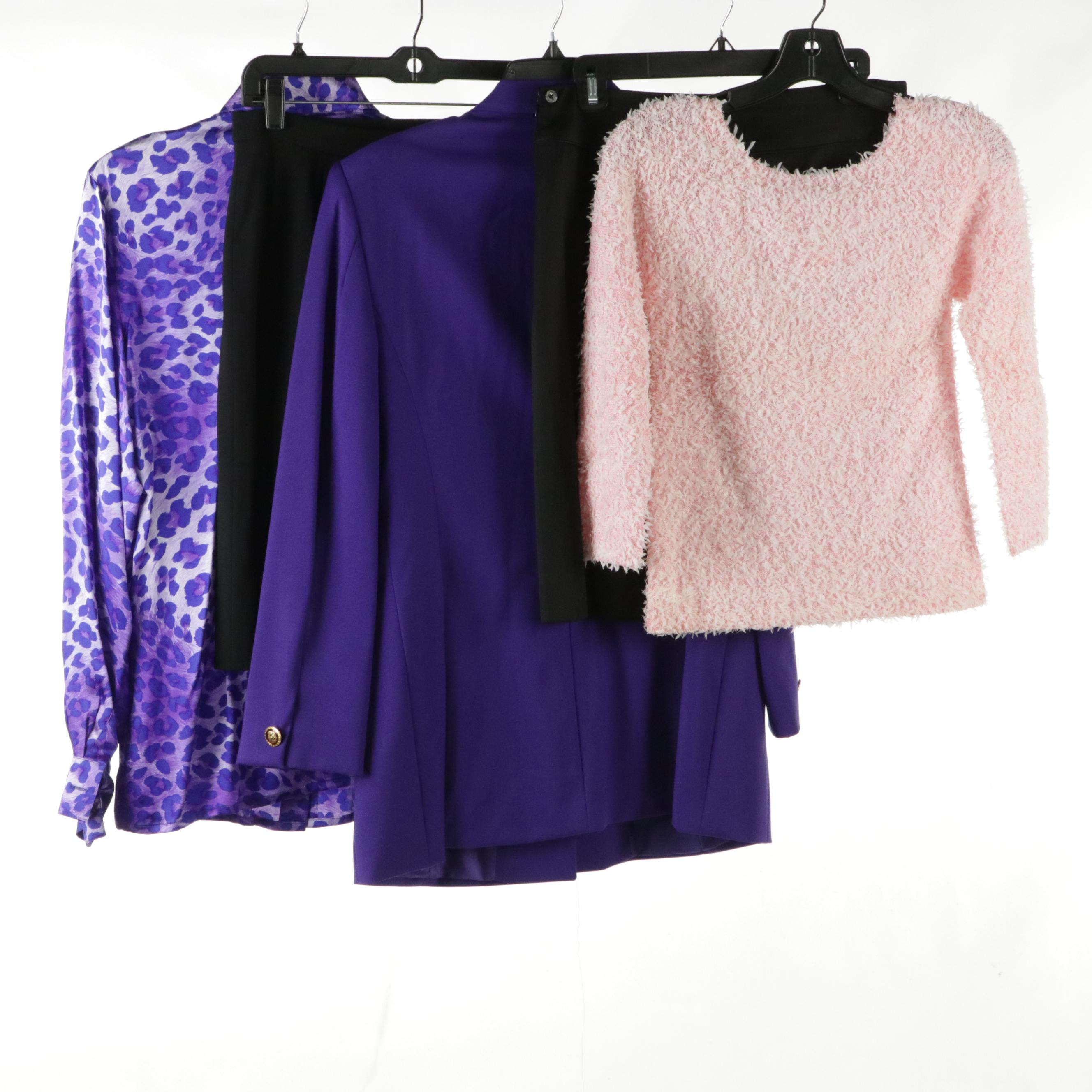 Escada Silk Printed Blouse, Black Wool Blend Skirts, Wool Blazer & Pink Sweater