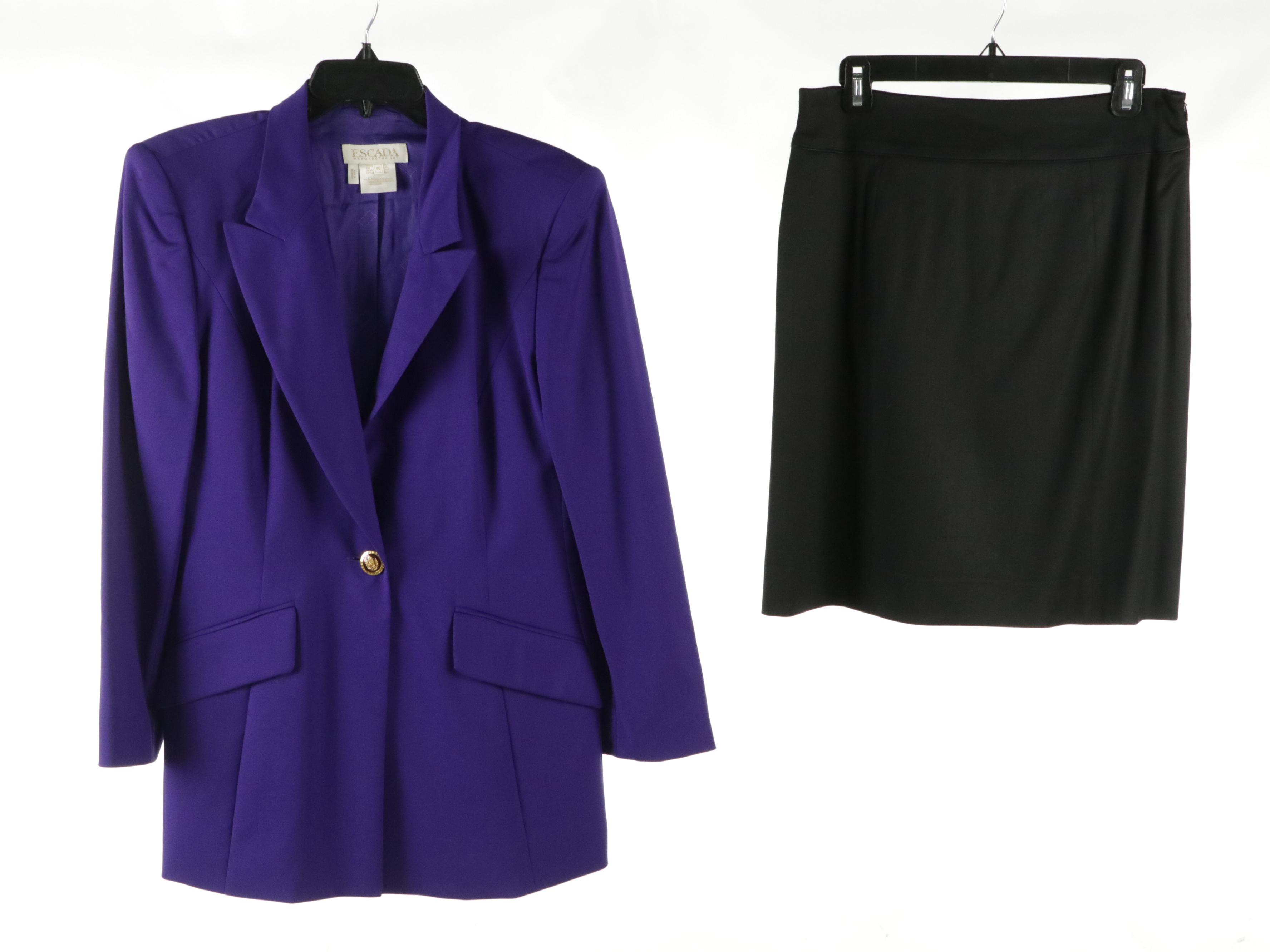 Escada Silk Printed Blouse, Black Wool Blend Skirts, Wool Blazer & Pink Sweater