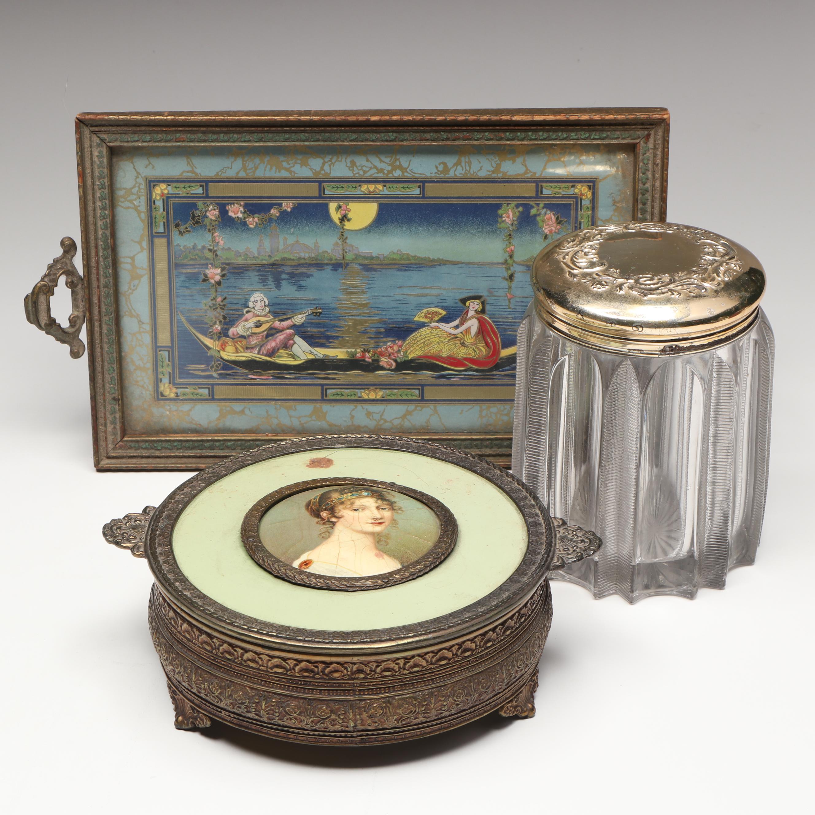 Vintage PNCW Glass and Metal Portrait Jar with More Vanity Accessories