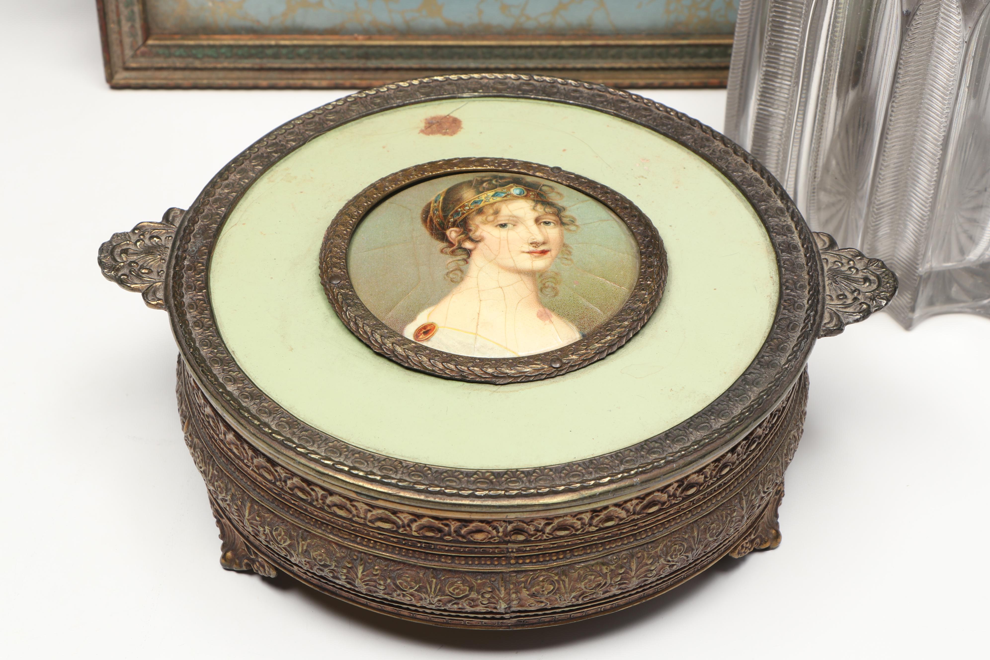 Vintage PNCW Glass and Metal Portrait Jar with More Vanity Accessories