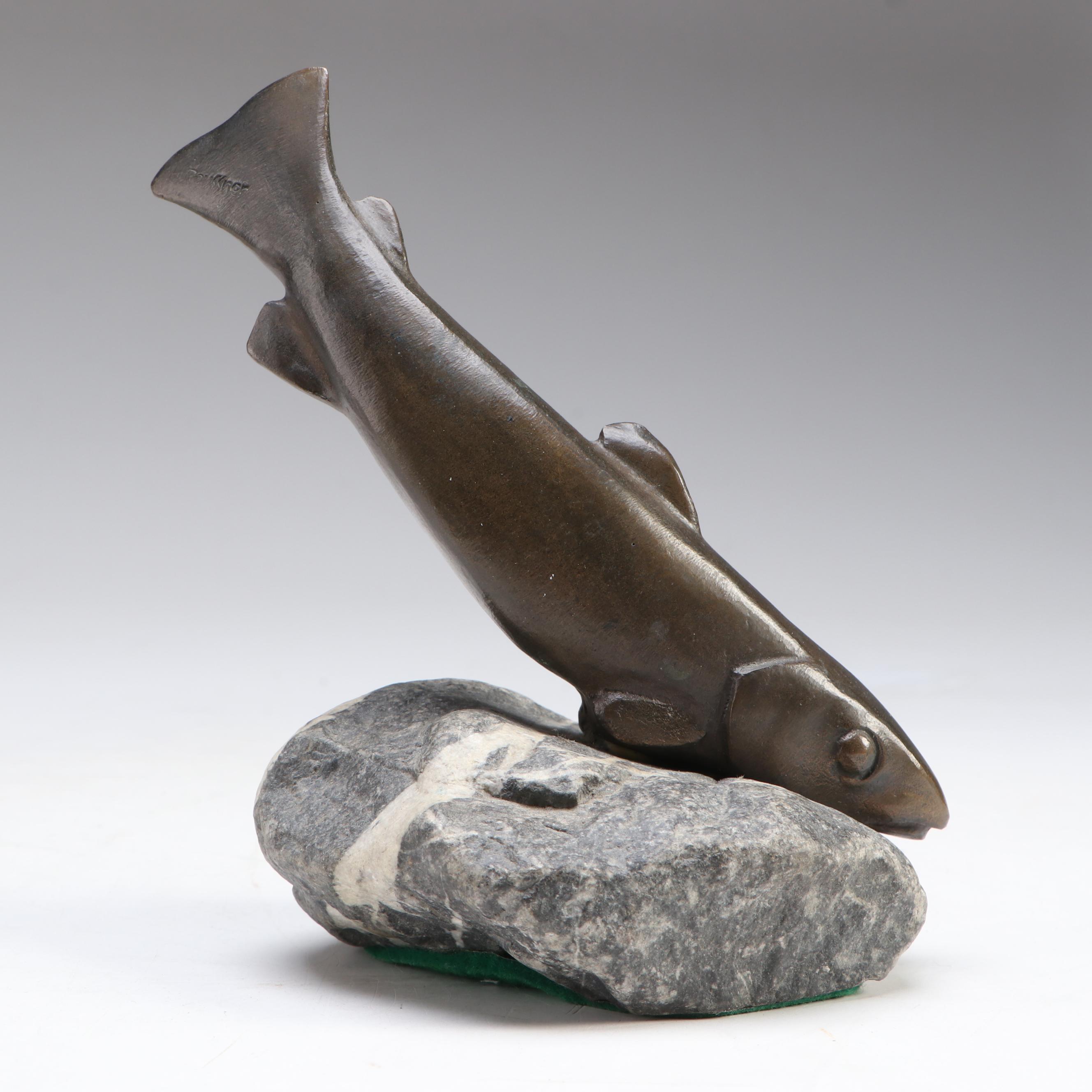 Art Deco Style Bronzed Metal Fish on Stone Base