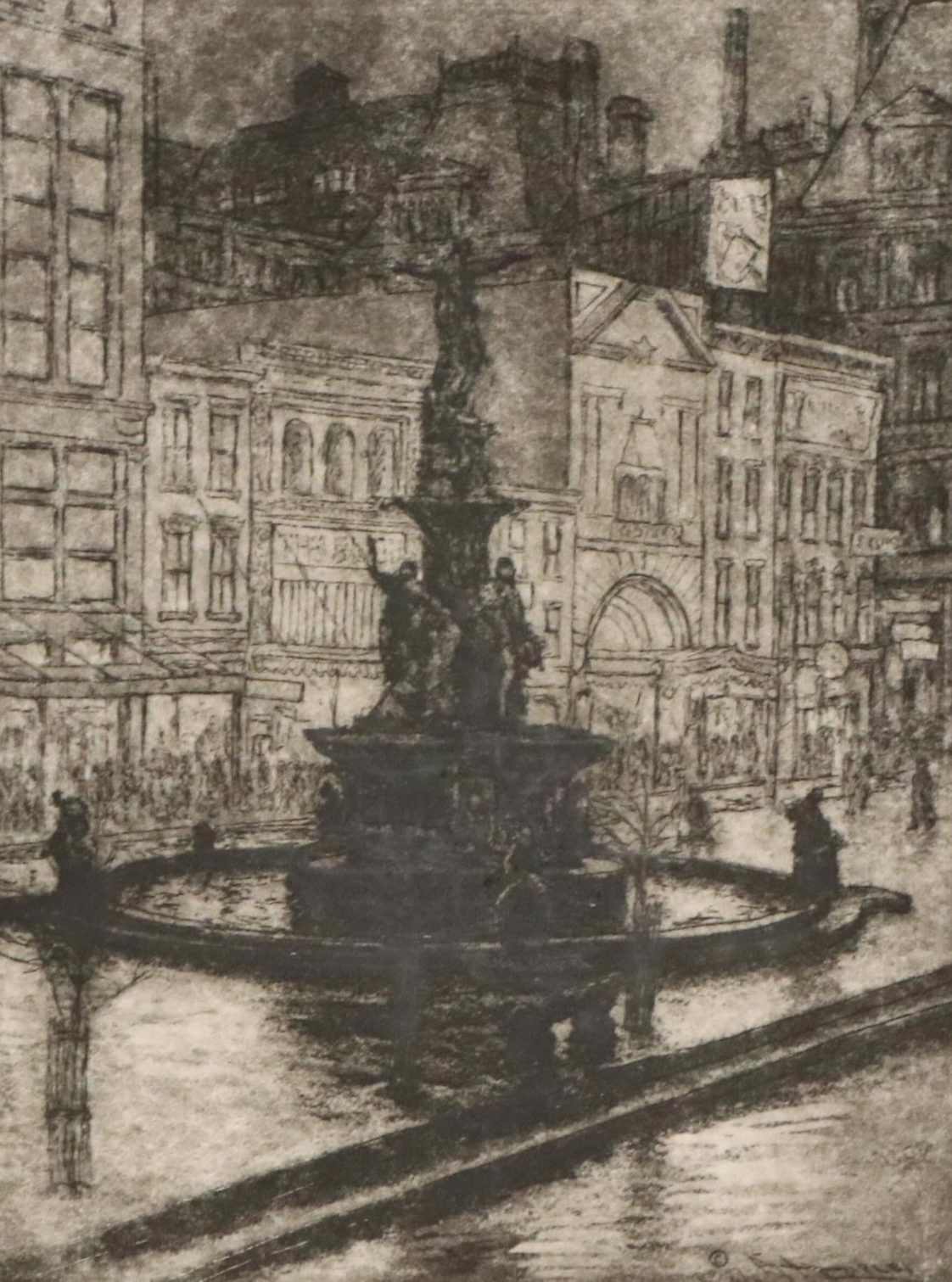 E. T. Hurley Restrike Etching "Fountain Square: Night (Cincinnati)"