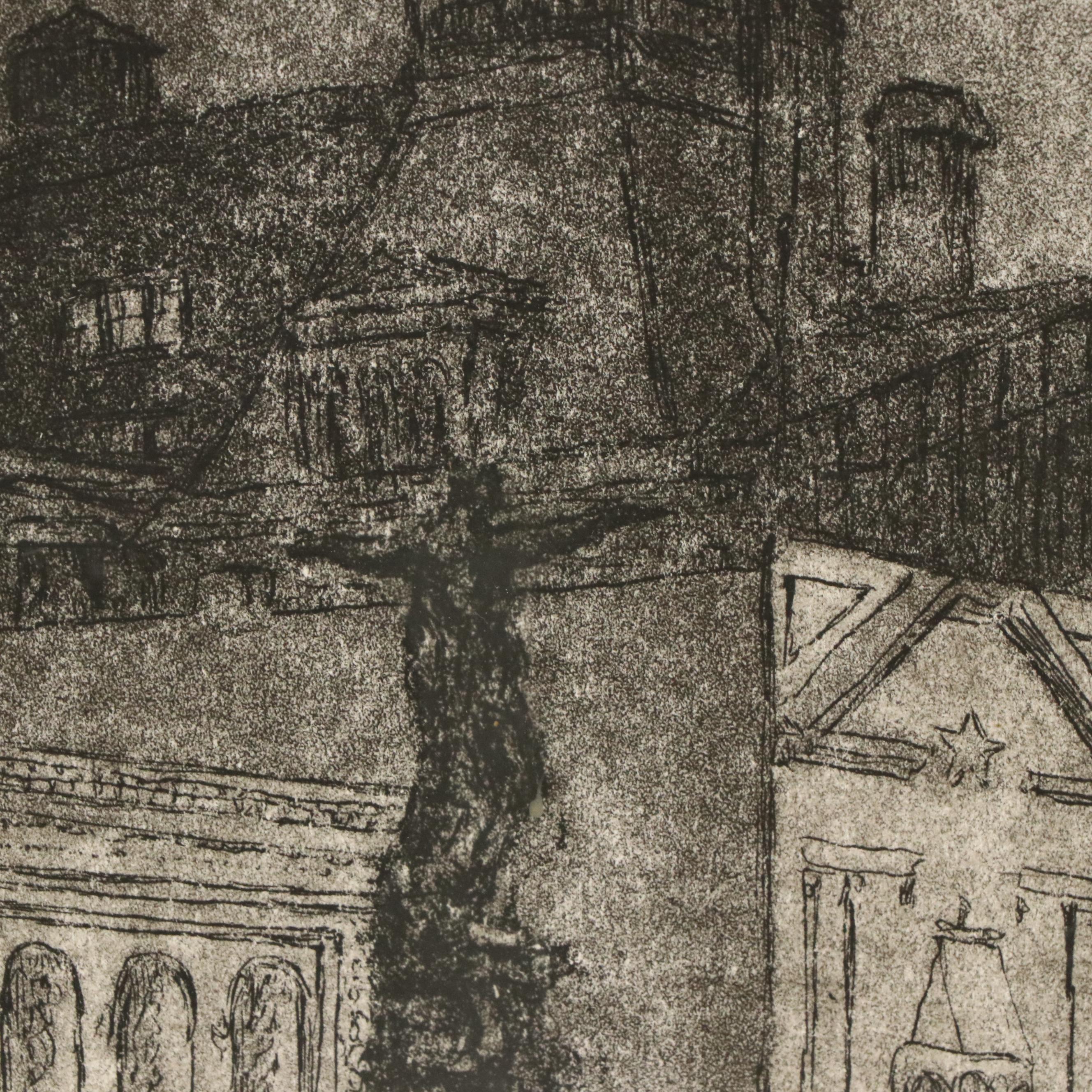 E. T. Hurley Restrike Etching "Fountain Square: Night (Cincinnati)"